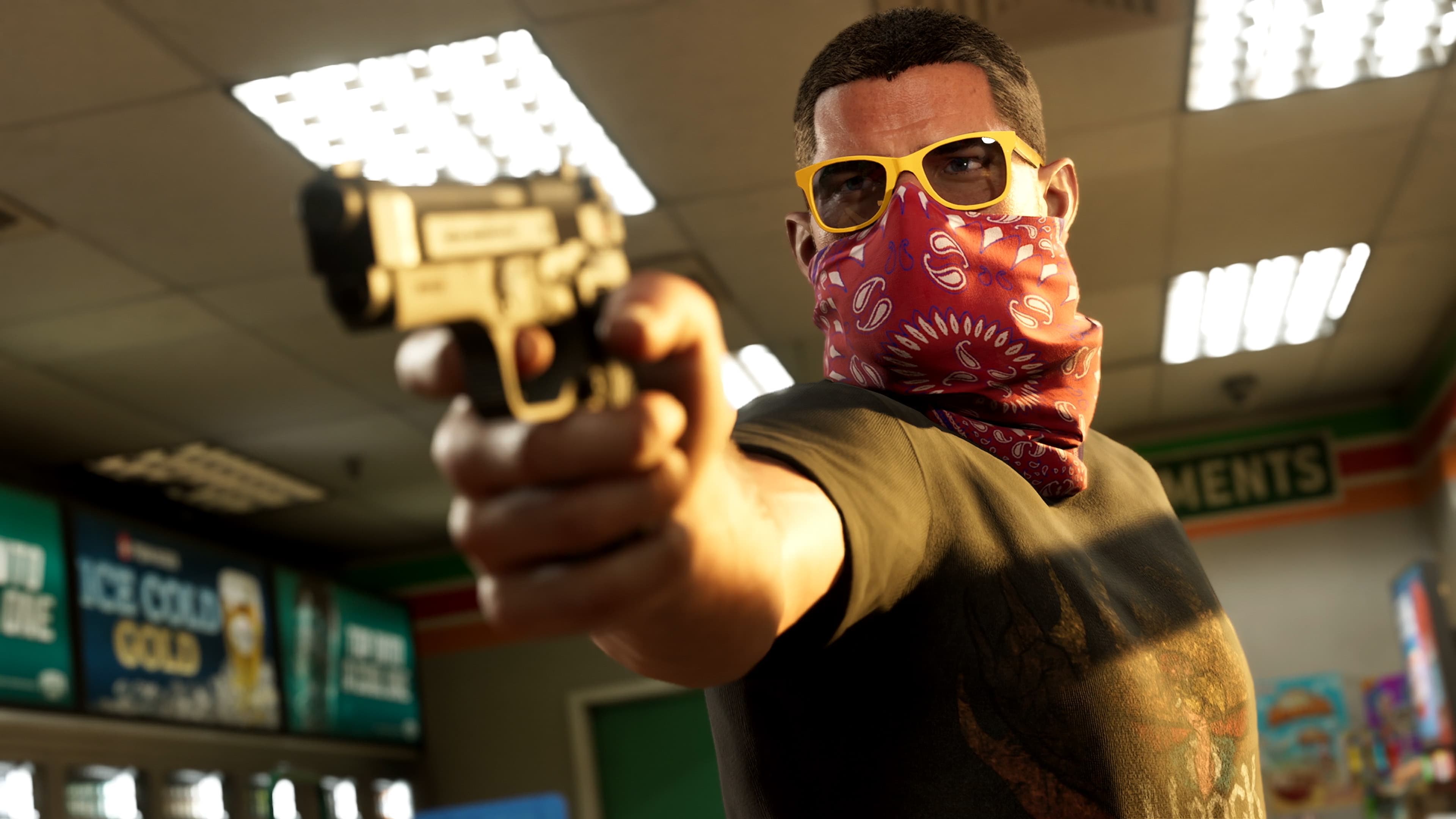 A masked robber in a red bandana levelling a gold pistol across a convenience store counter