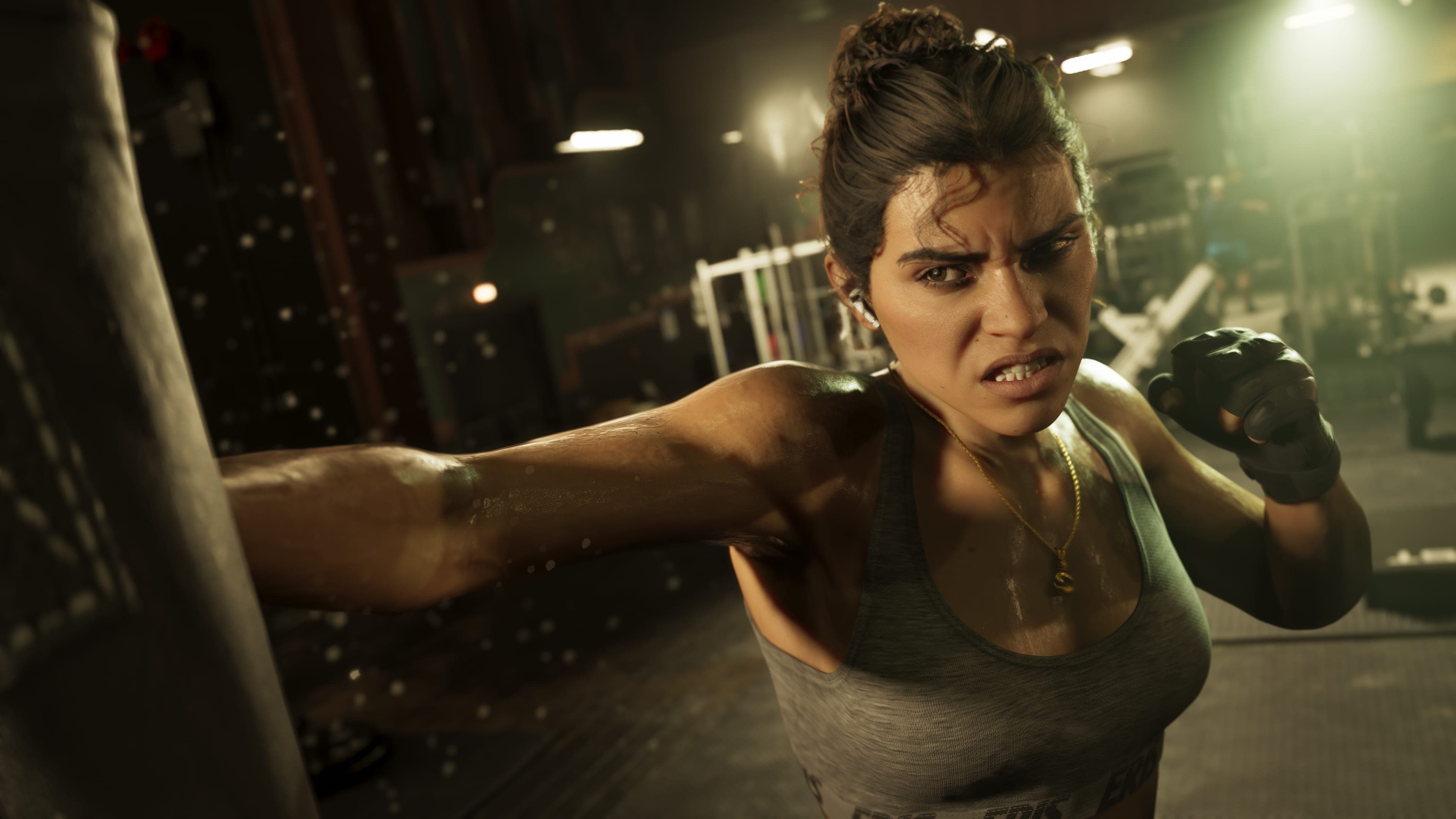 Lucia Caminos mid-punch in a bare-knuckle fight, teeth gritted
