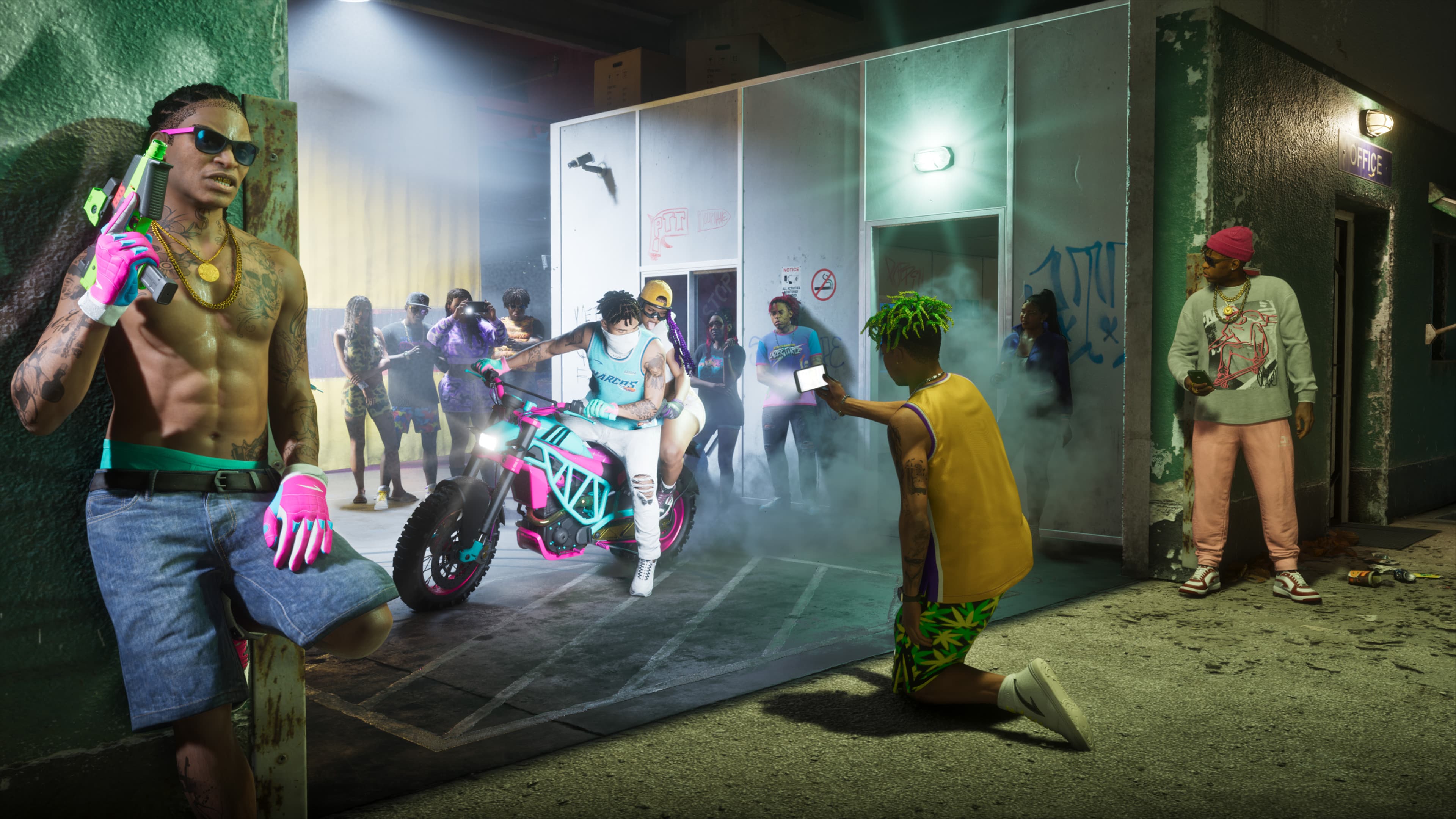 A crowded neon-lit clothing store with customers browsing rails and a bike on display