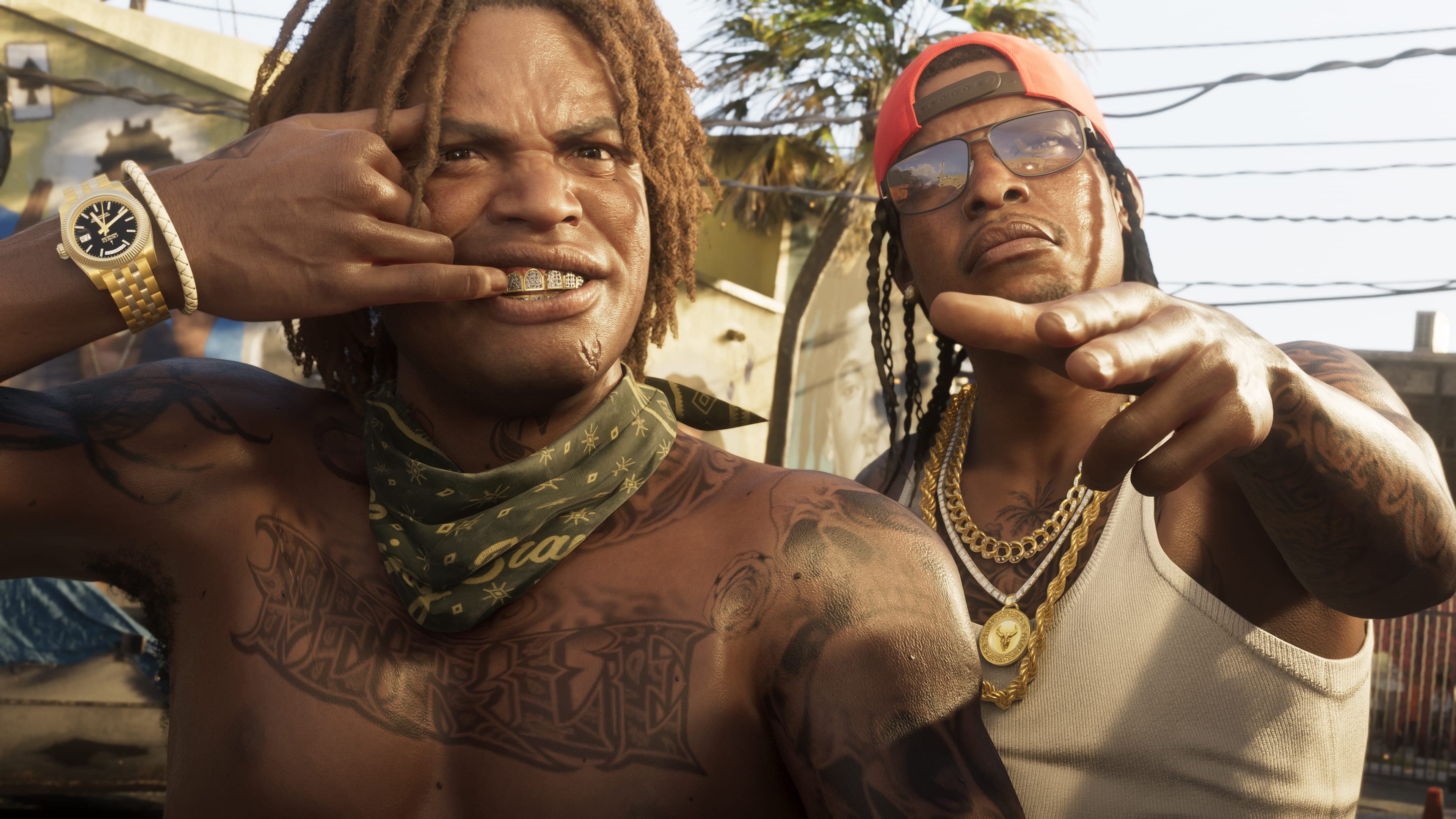 Two men in gold chains posing close to the camera on a residential Vice City street