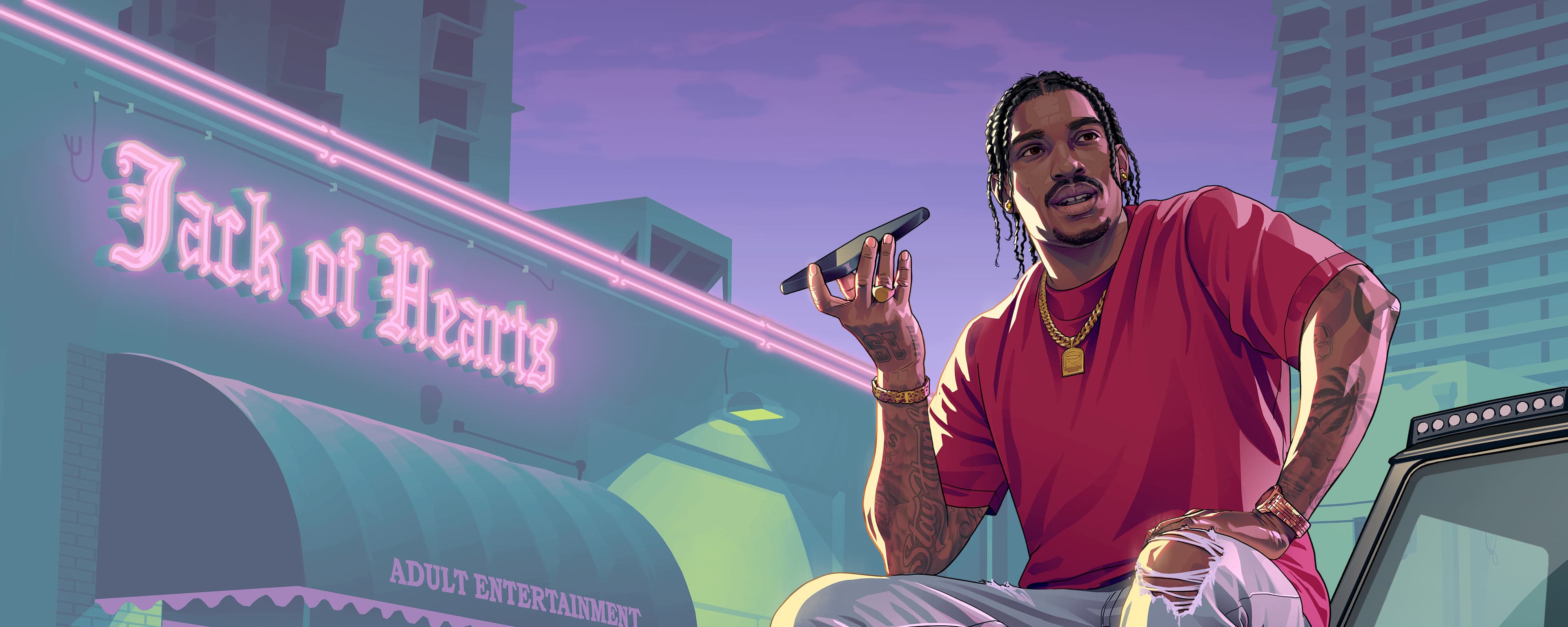 Dre'Quan Priest standing beneath the Jack of Hearts adult-entertainment marquee