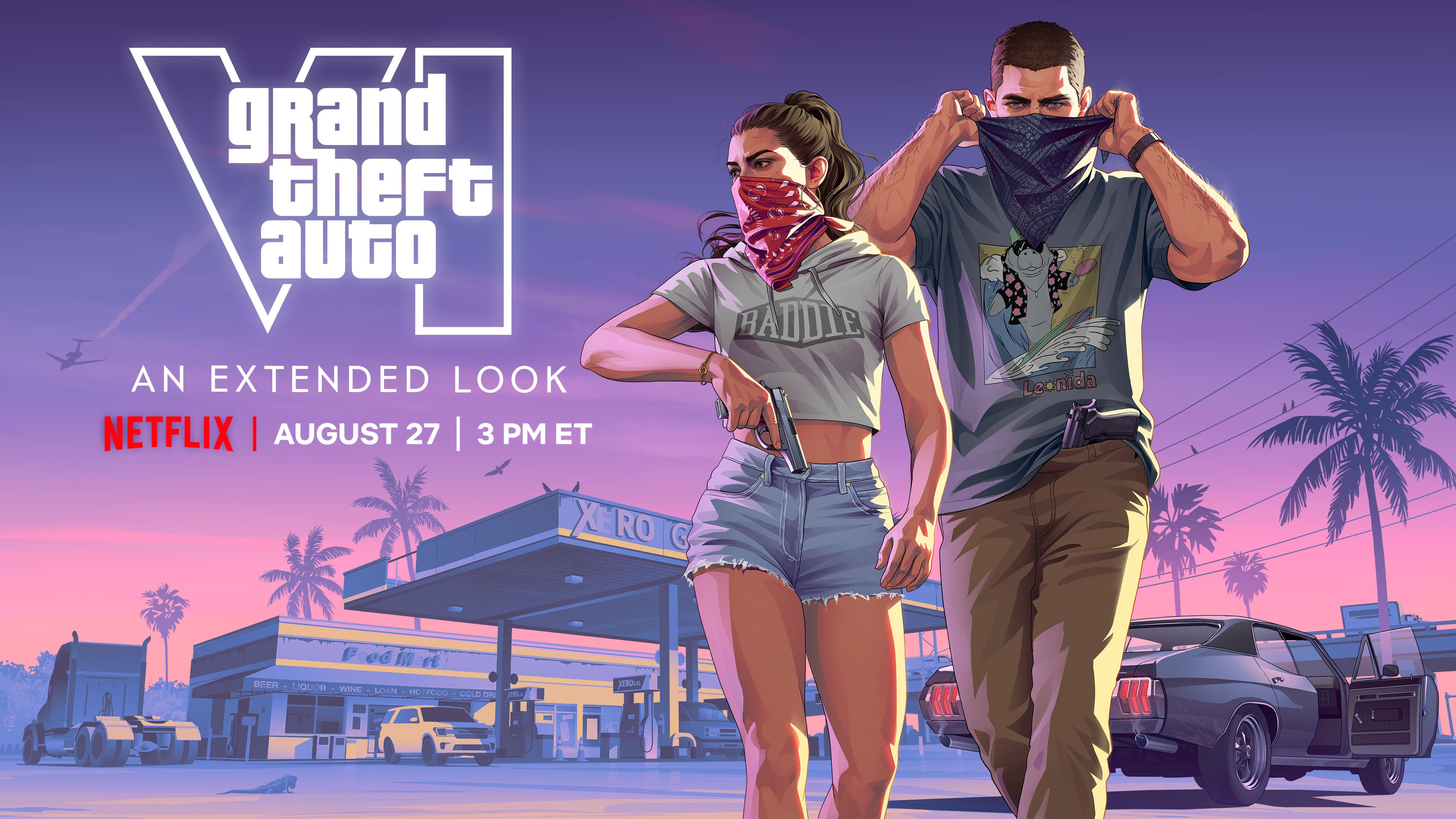 Official 'Grand Theft Auto VI - An Extended Look' key art: Jason and Lucia pulling up bandanas outside a gas station, stamped 'Netflix, August 27, 3 PM ET'