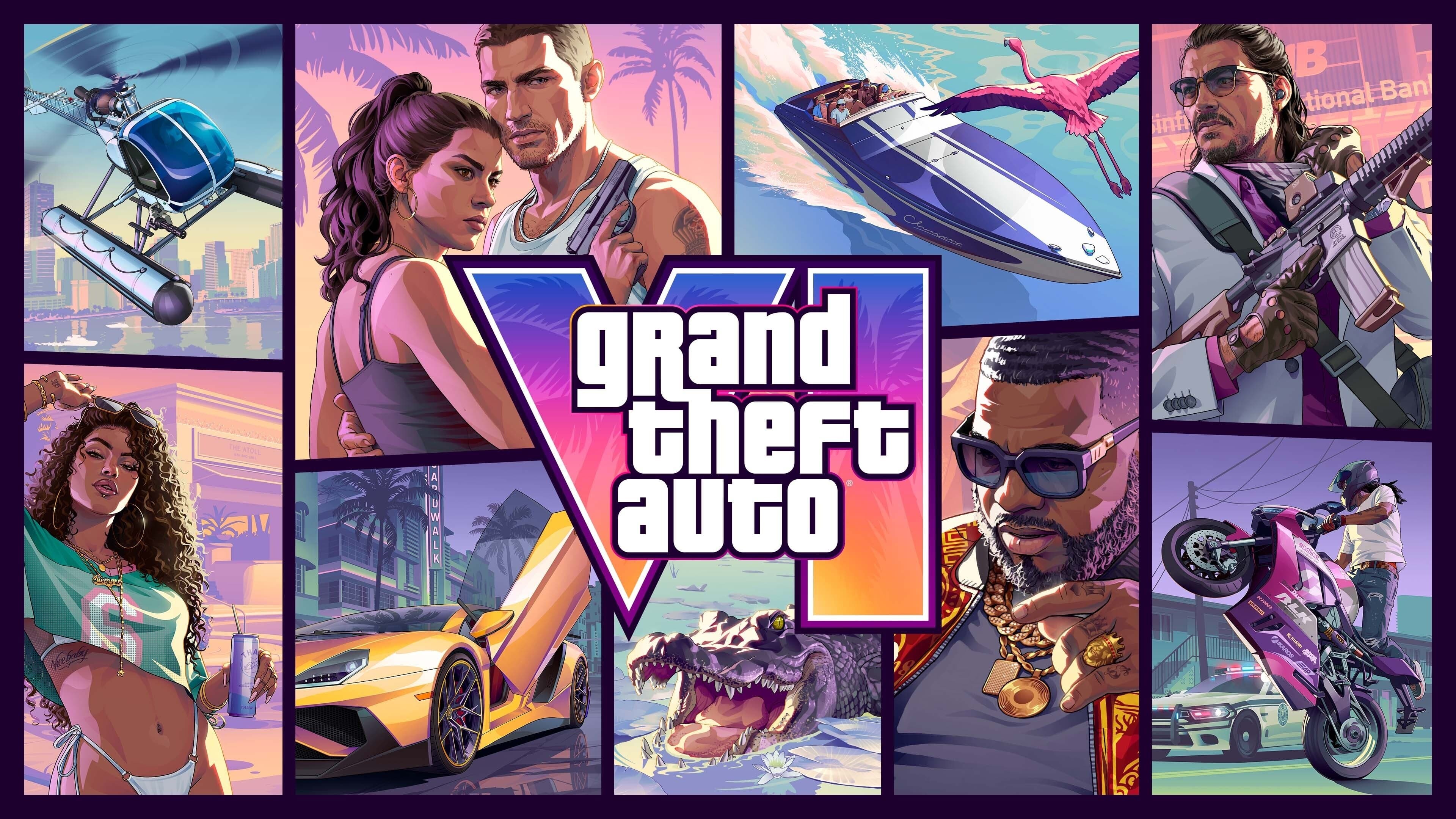 Grand Theft Auto VI panel key art: the logo surrounded by illustrated tiles of characters, a supercar, a speedboat, a helicopter and an alligator