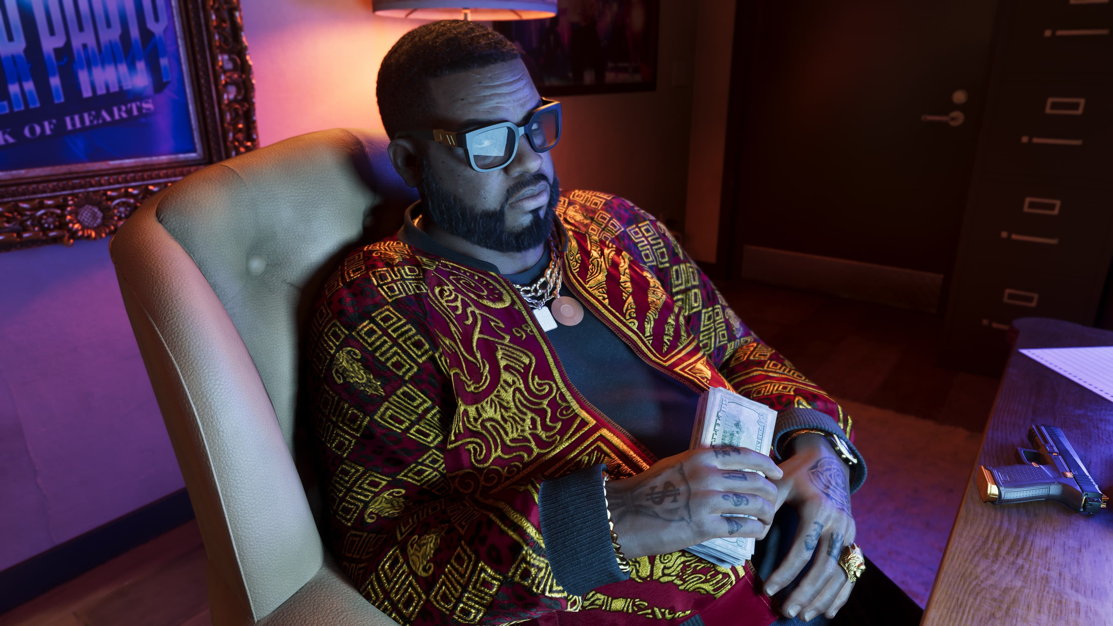 Boobie Ike counting cash in a club back office, feet up on the desk