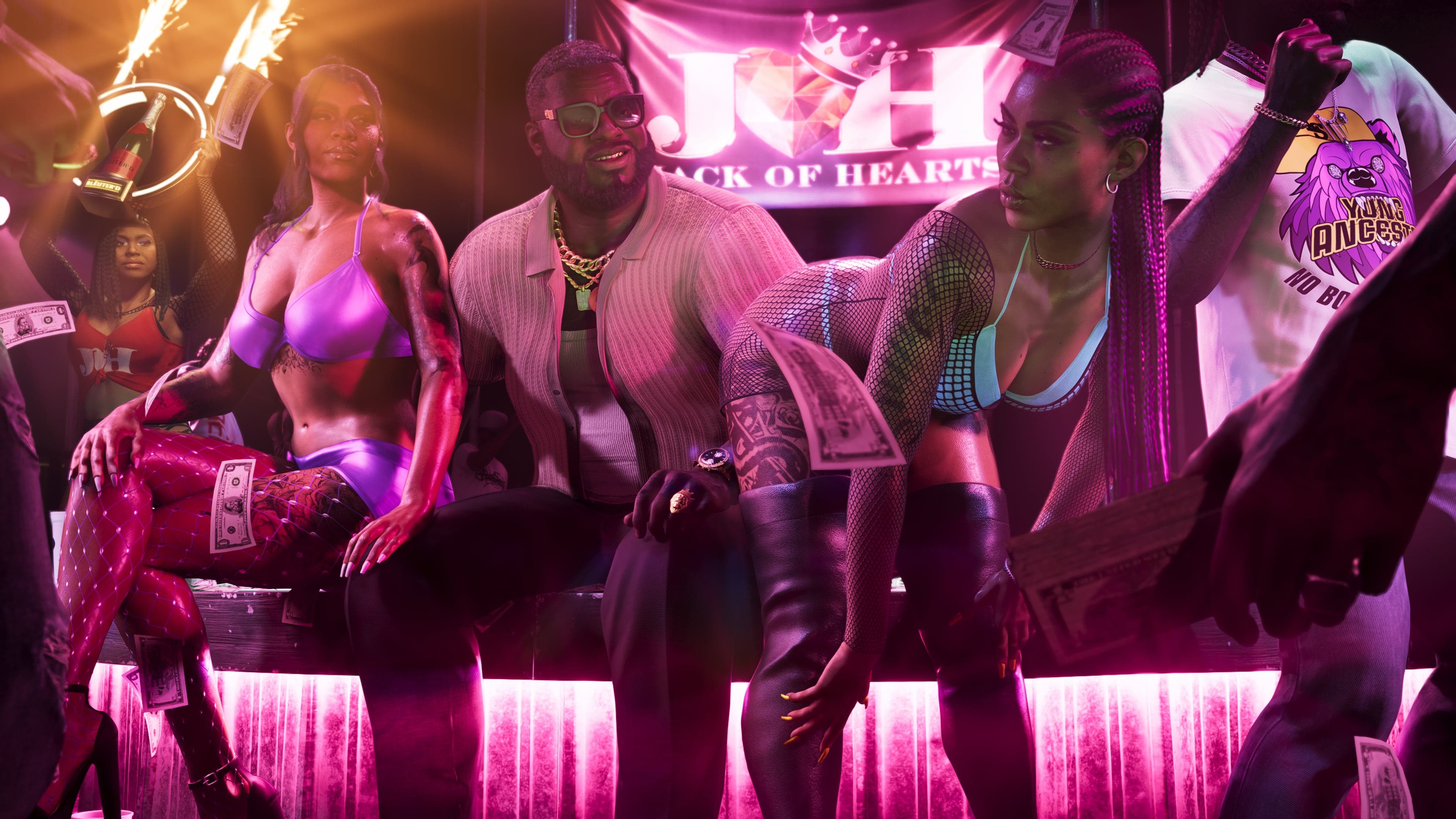 The stage and bar of the Jack of Hearts club, lit in magenta