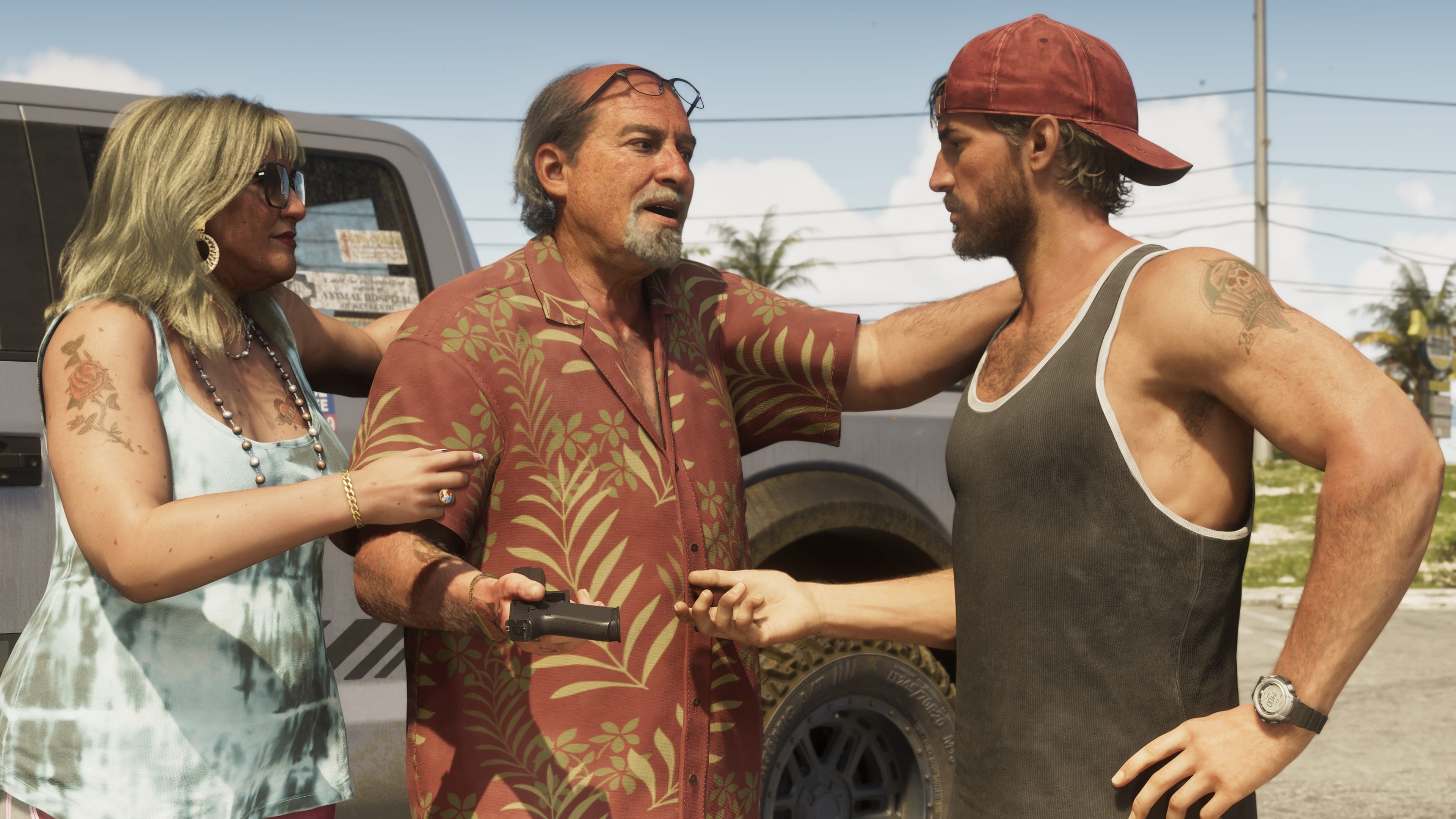 Brian Heder gripping Jason's shoulder beside a parked van, a woman looking on