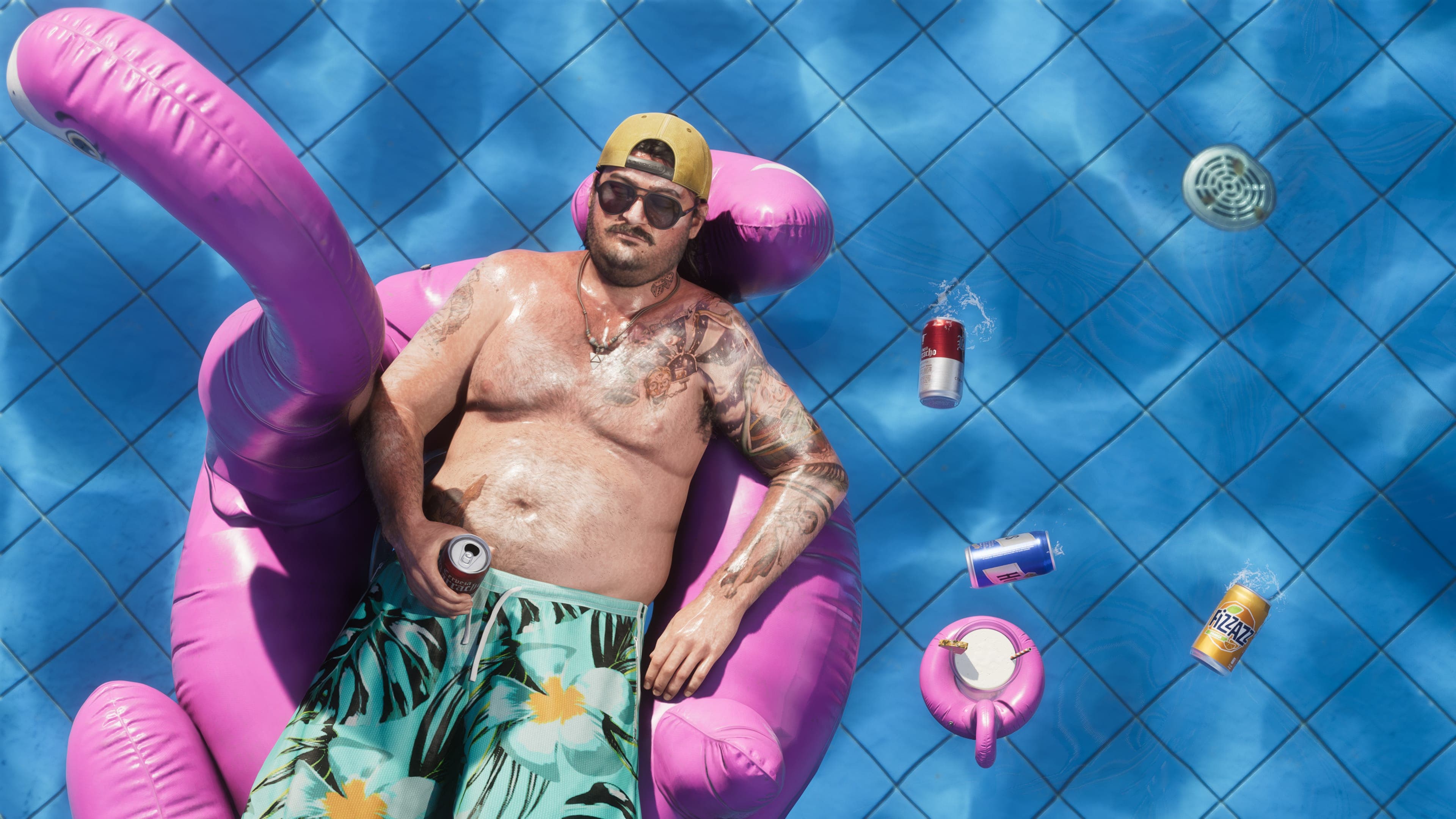 Cal Hampton drifting on a pink flamingo pool float surrounded by empty cans