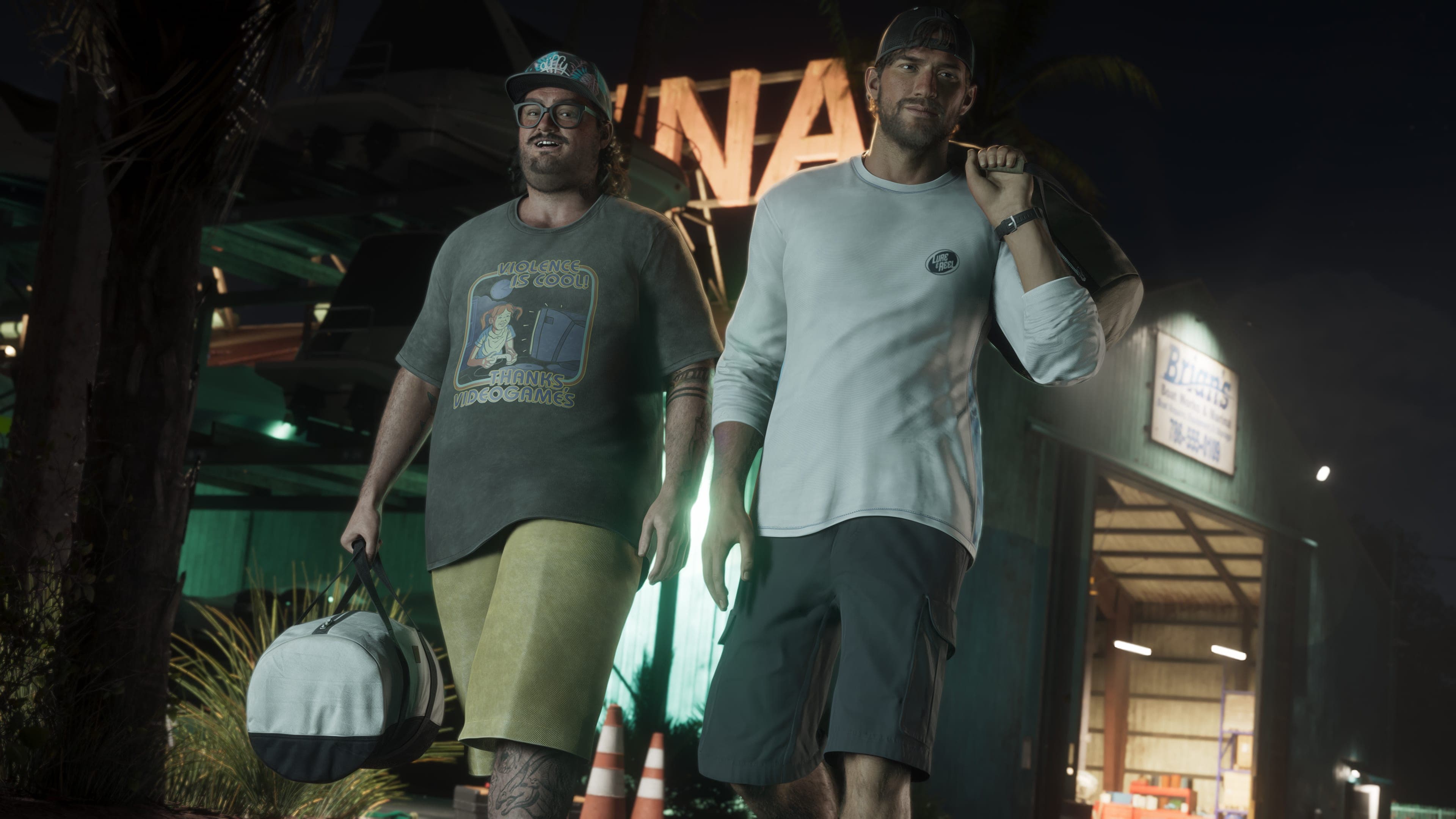 Cal Hampton and Jason leaving a lit shopfront at night carrying bags