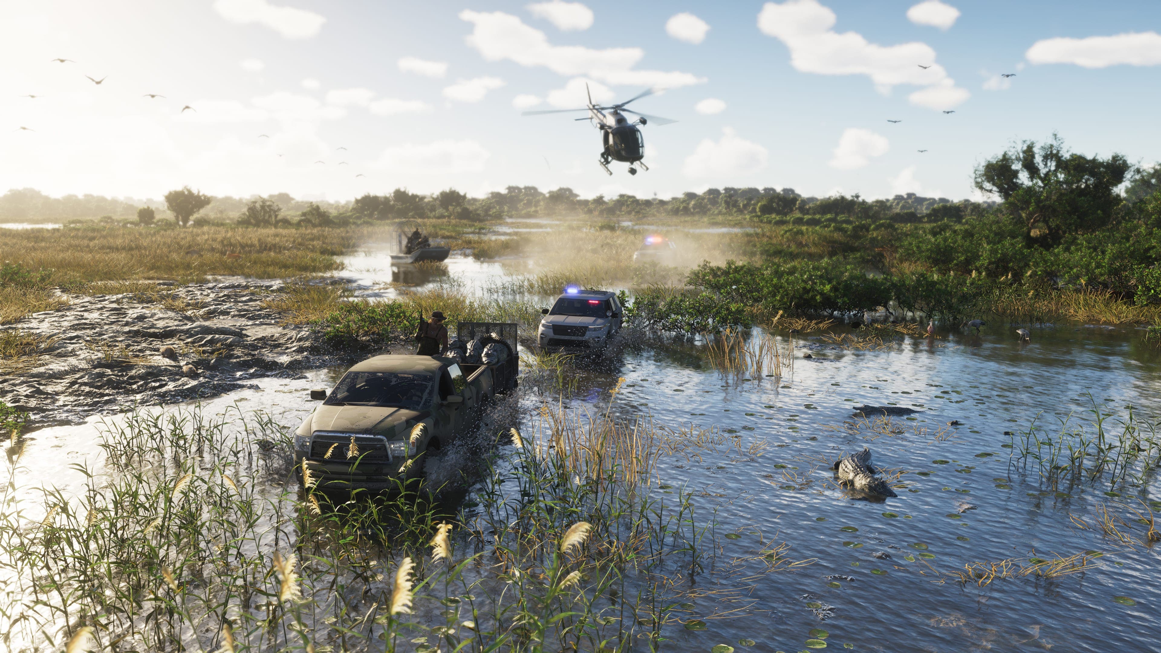 A helicopter and several airboats converging across flooded marshland in pursuit