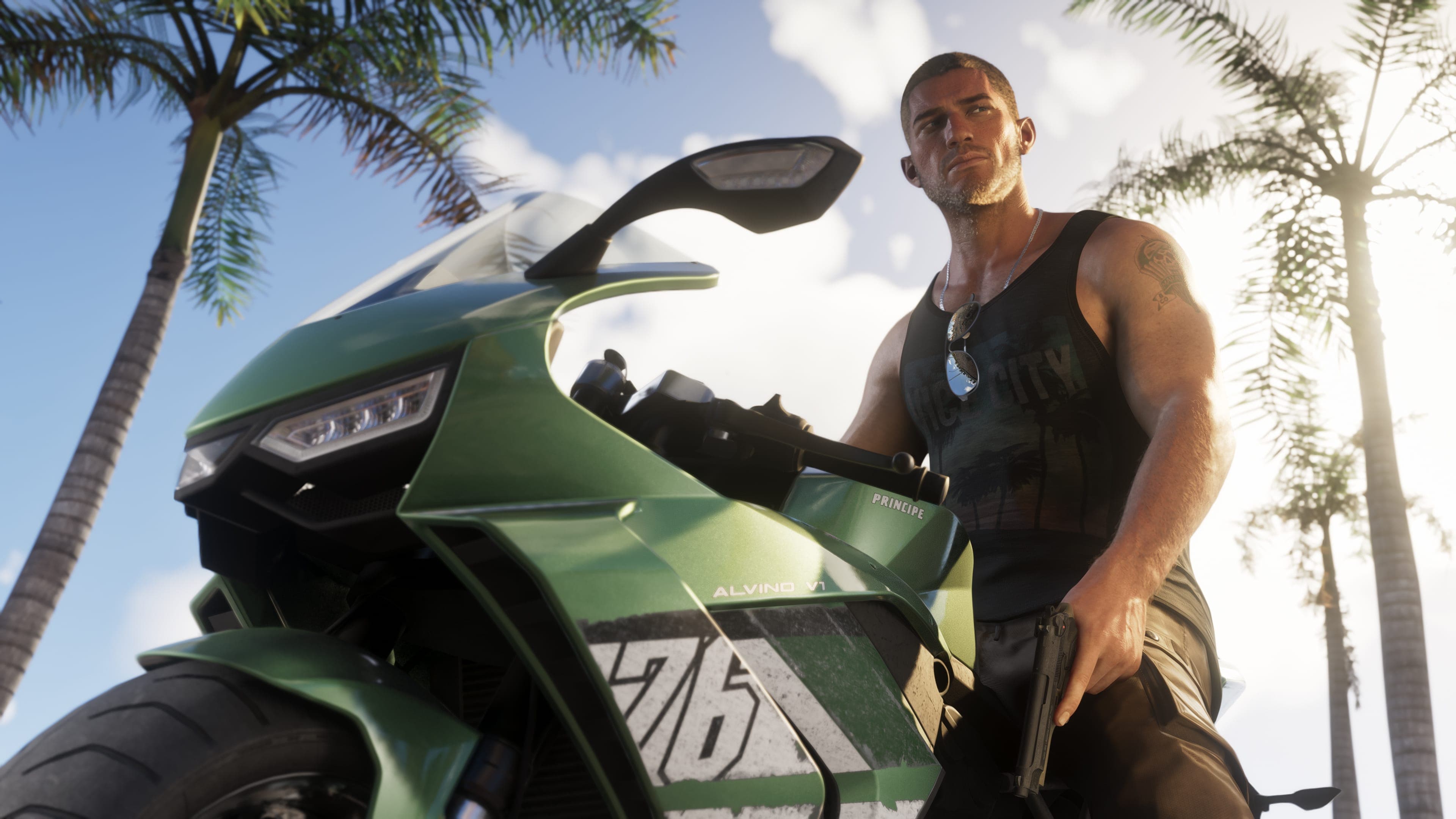 Jason Duval standing beside a green sports bike with a pistol held at his side