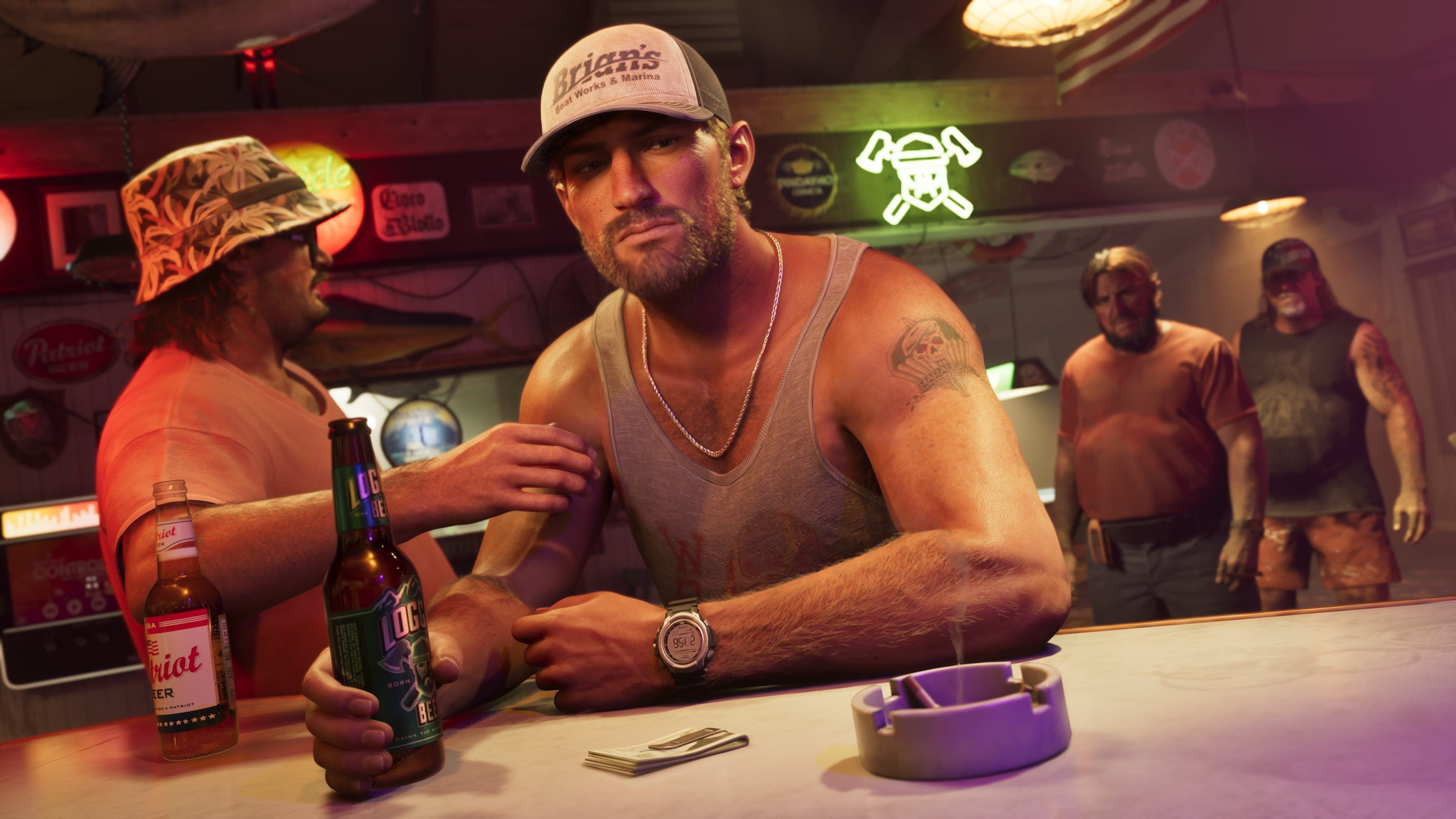 Jason Duval drinking at a bar counter surrounded by bikers