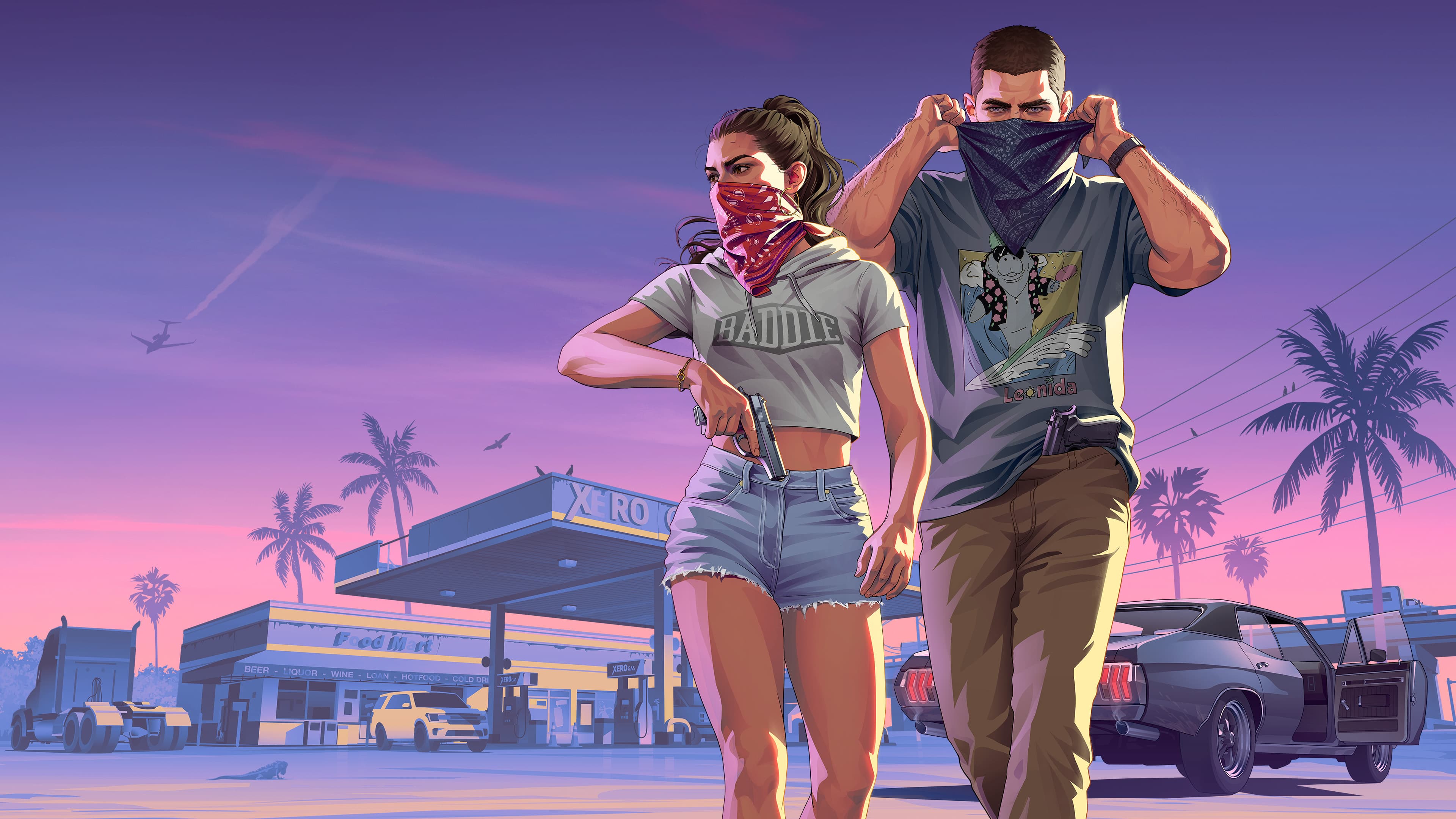 Wallpaper artwork of Jason and Lucia pulling bandanas over their faces beside a parked car at a gas station