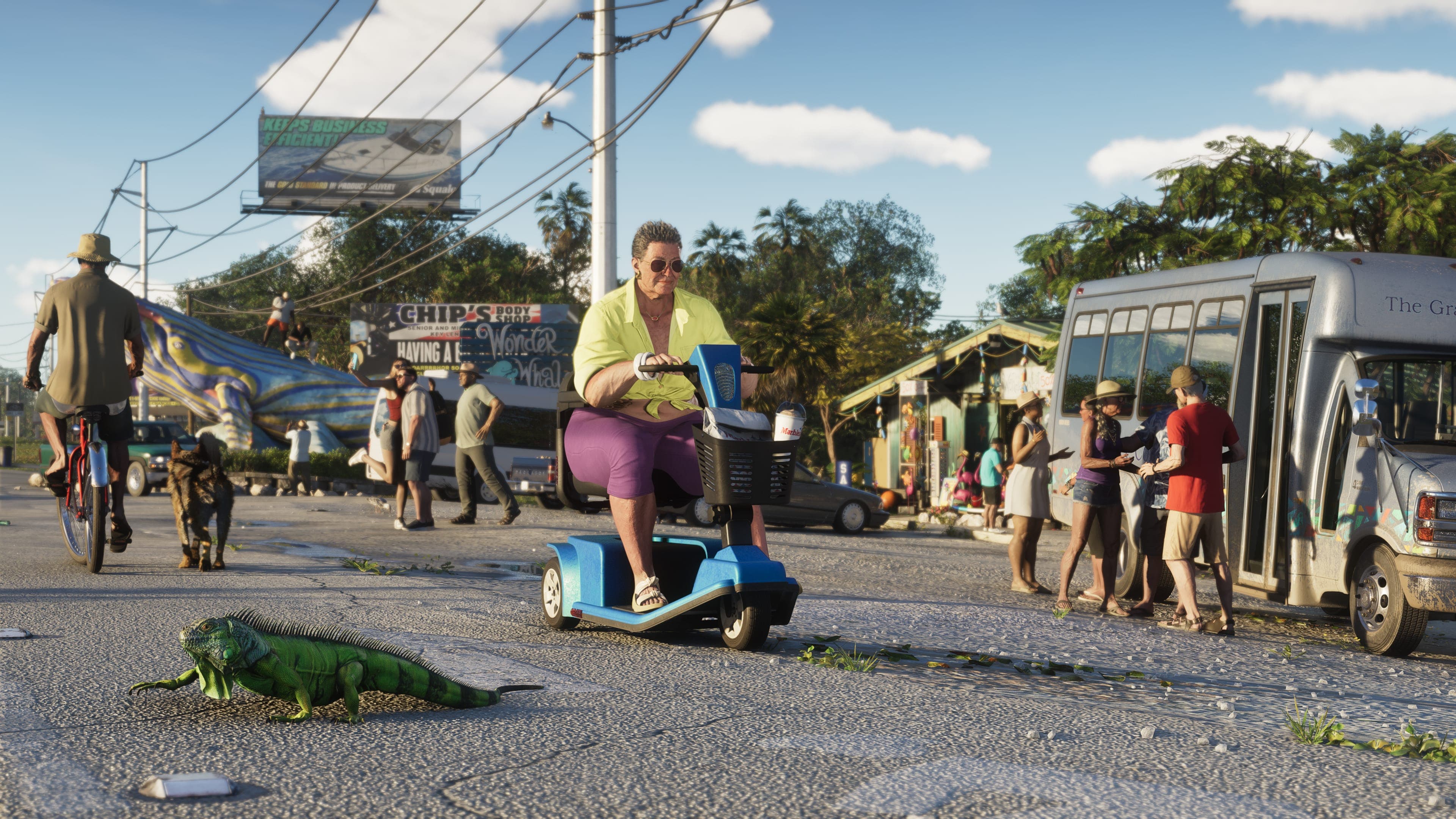 A Keys roadside scene with locals, a mobility scooter, a parked bus and an iguana on the kerb