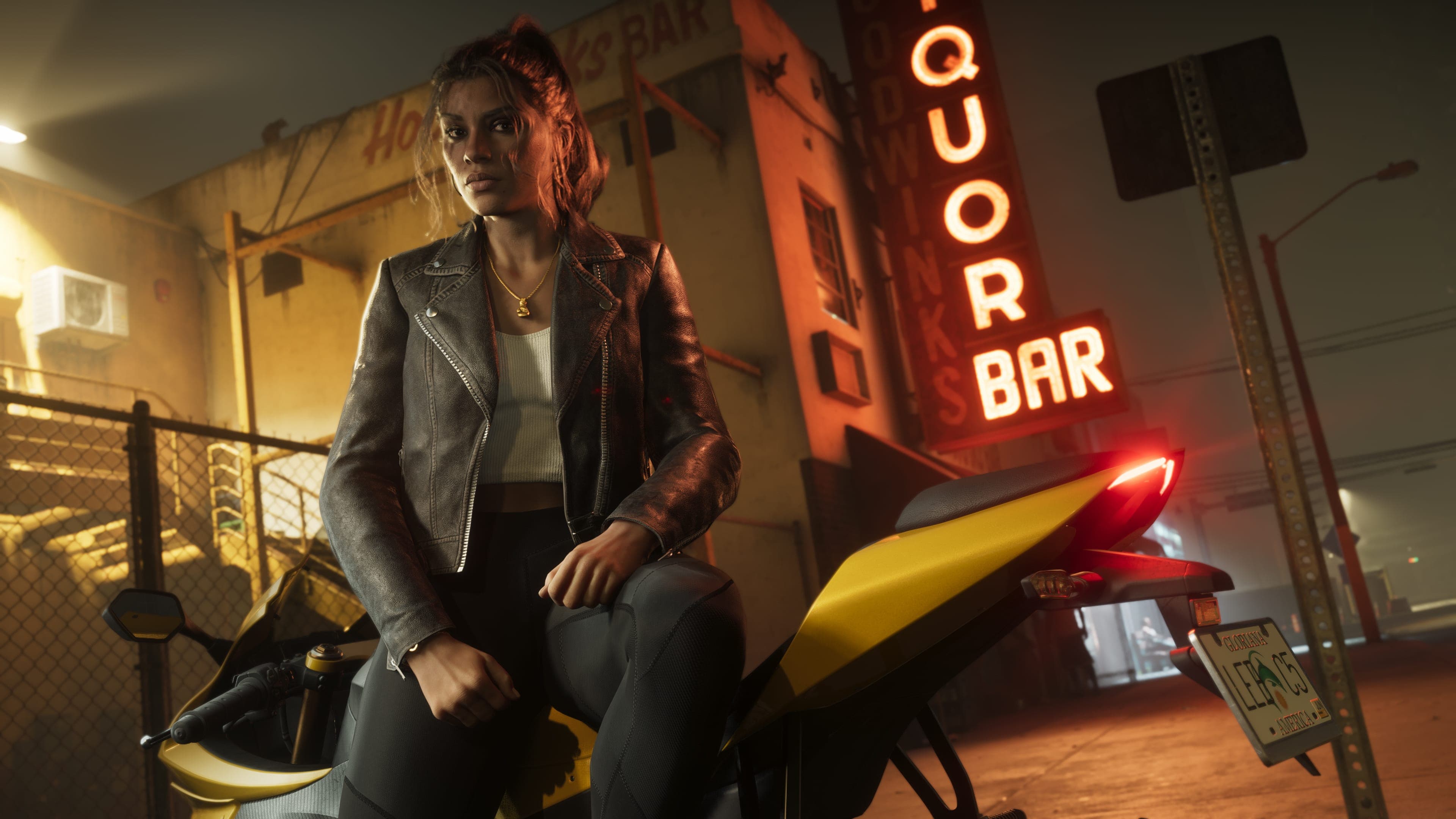 Lucia Caminos in a leather jacket beside a motorbike outside a neon liquor bar