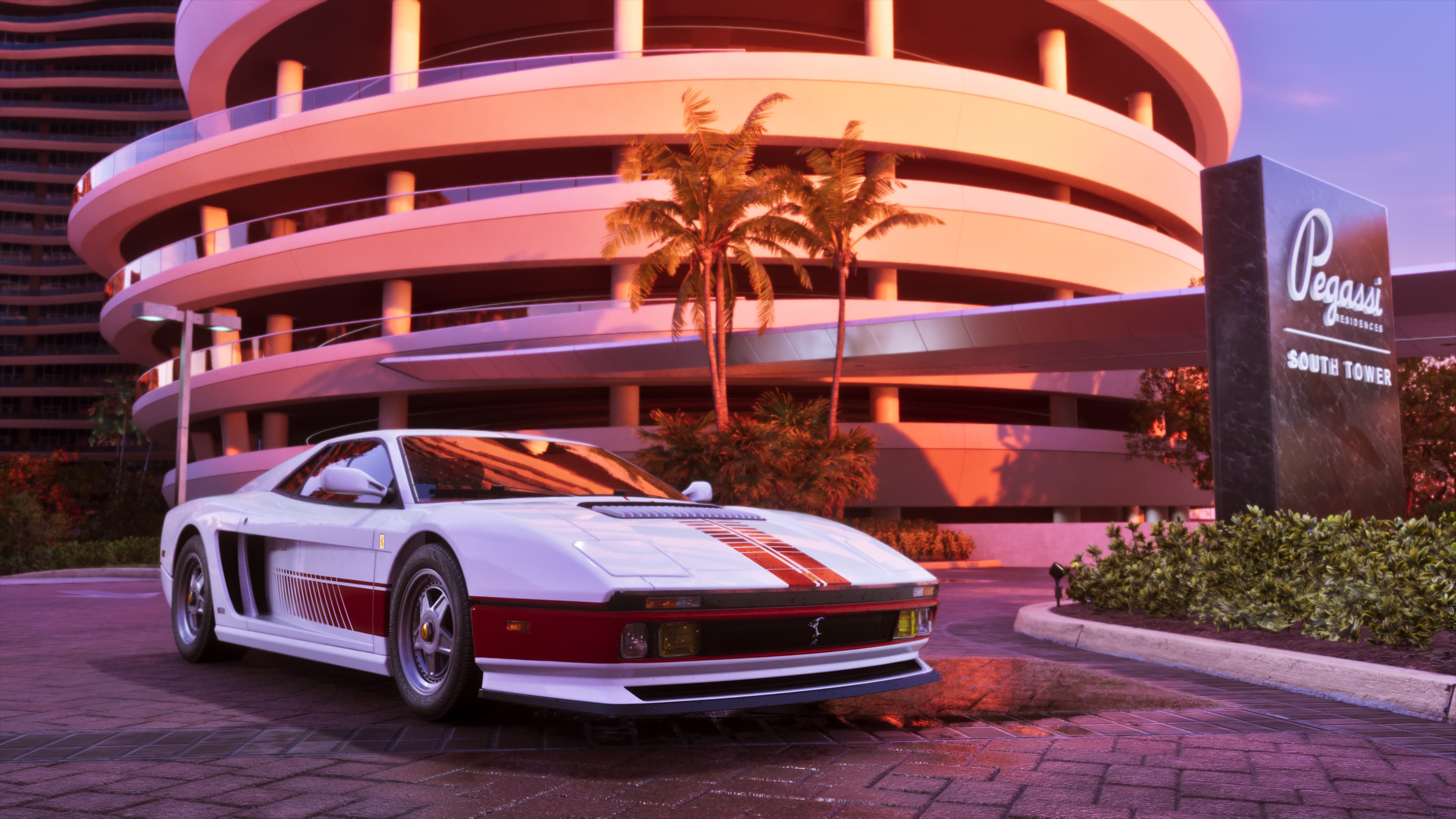 A white Grotti supercar with red side stripes parked outside a curved art-deco hotel at dusk