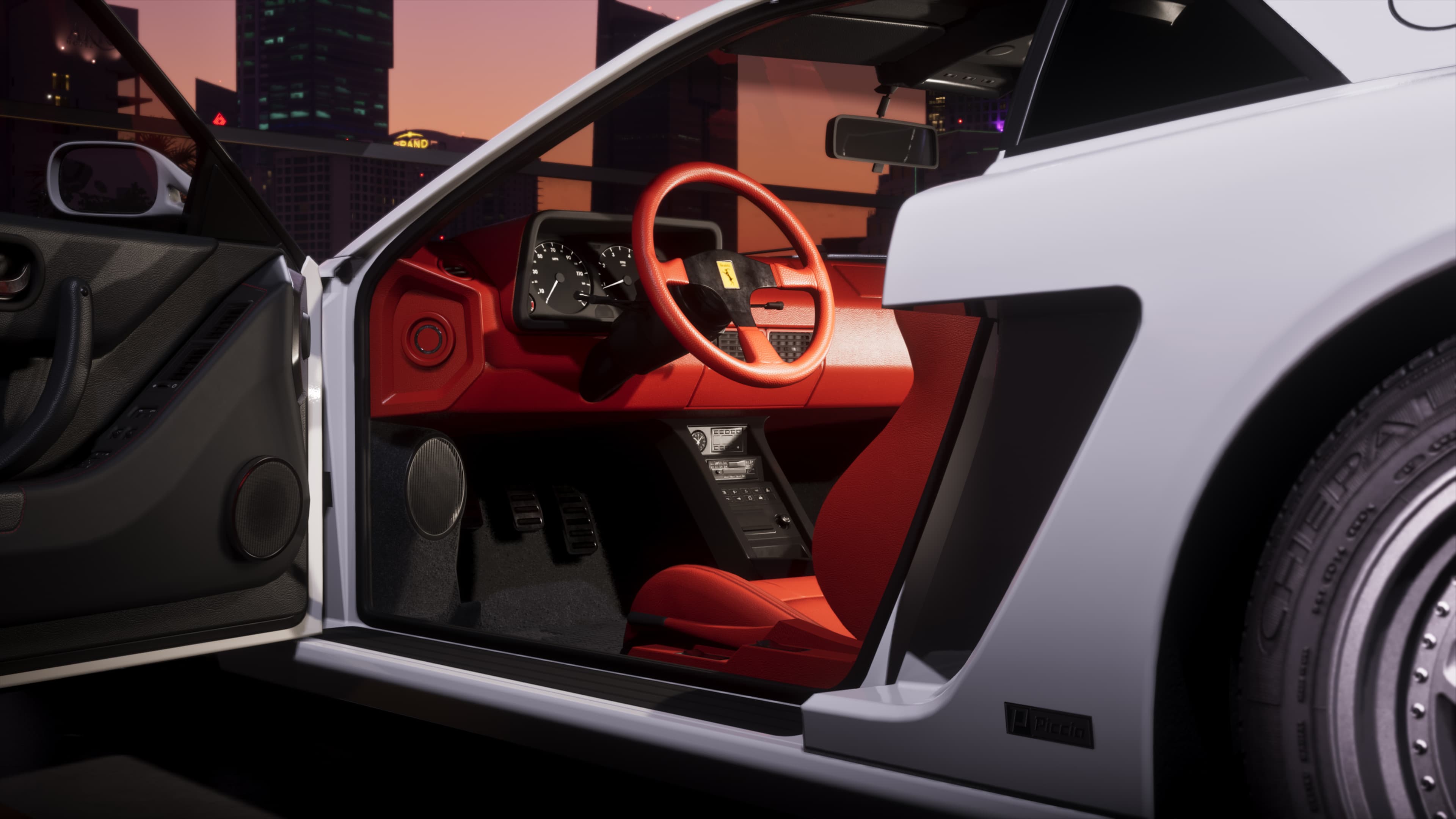 The Grotti Cheetah's red leather interior seen through the open driver's door