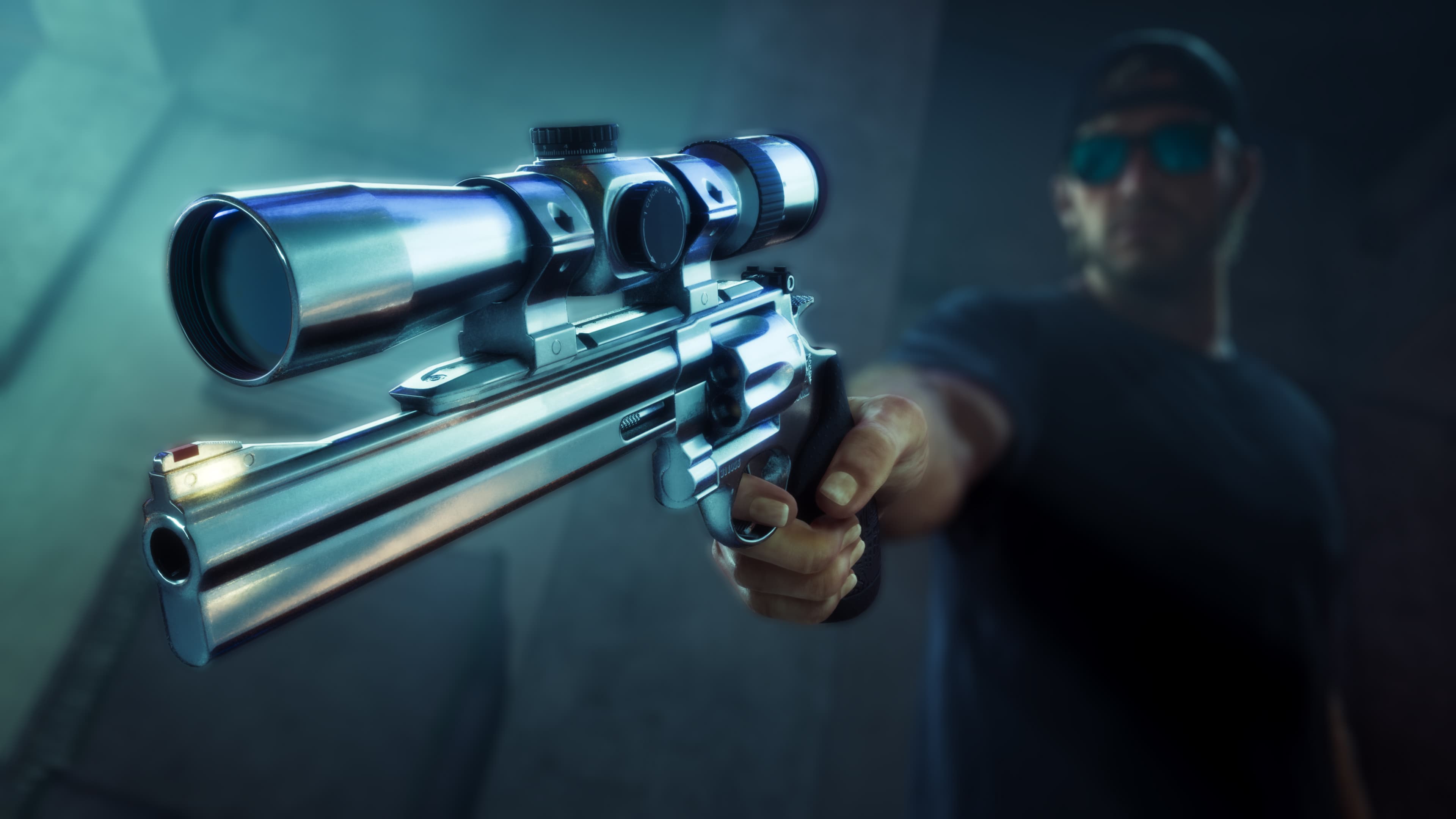 A man aiming a long-barrelled scoped revolver at night