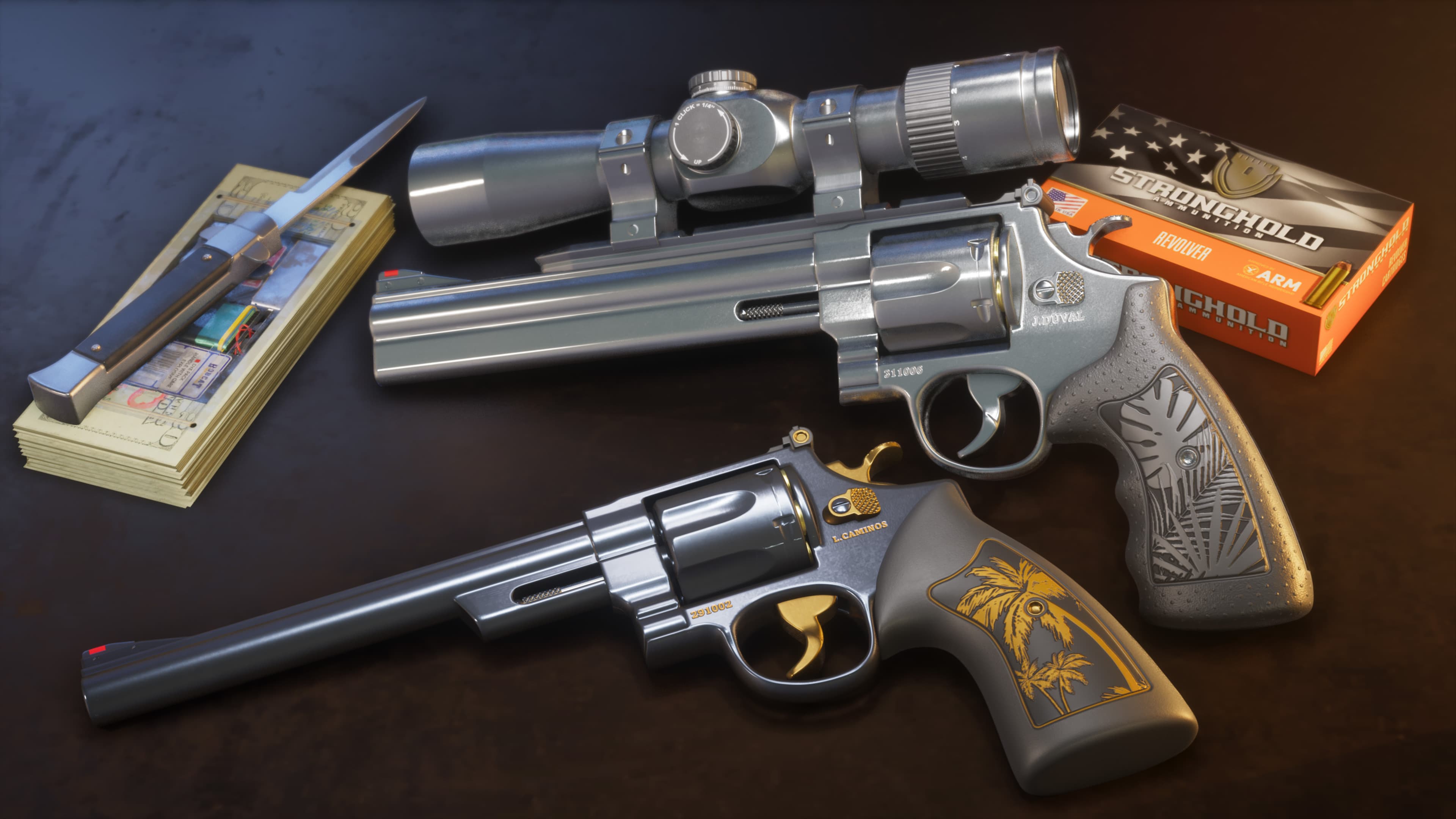 Two engraved revolvers laid on a table beside an ammunition box