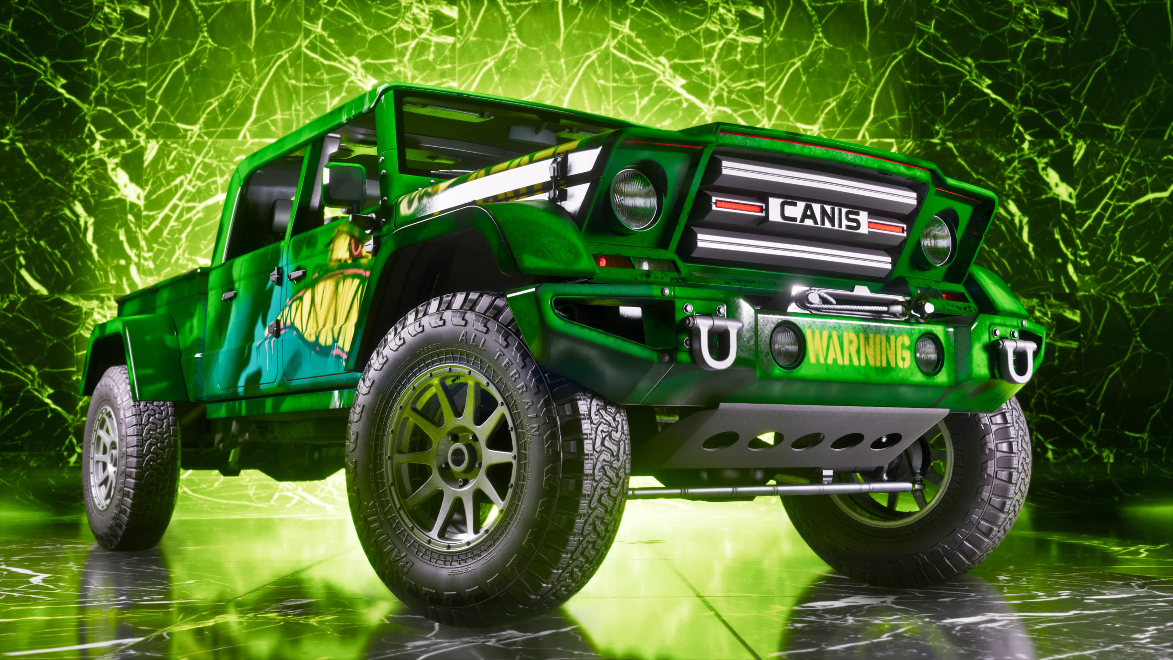 A lime-green Canis off-road truck with a brush guard, photographed against a green backdrop
