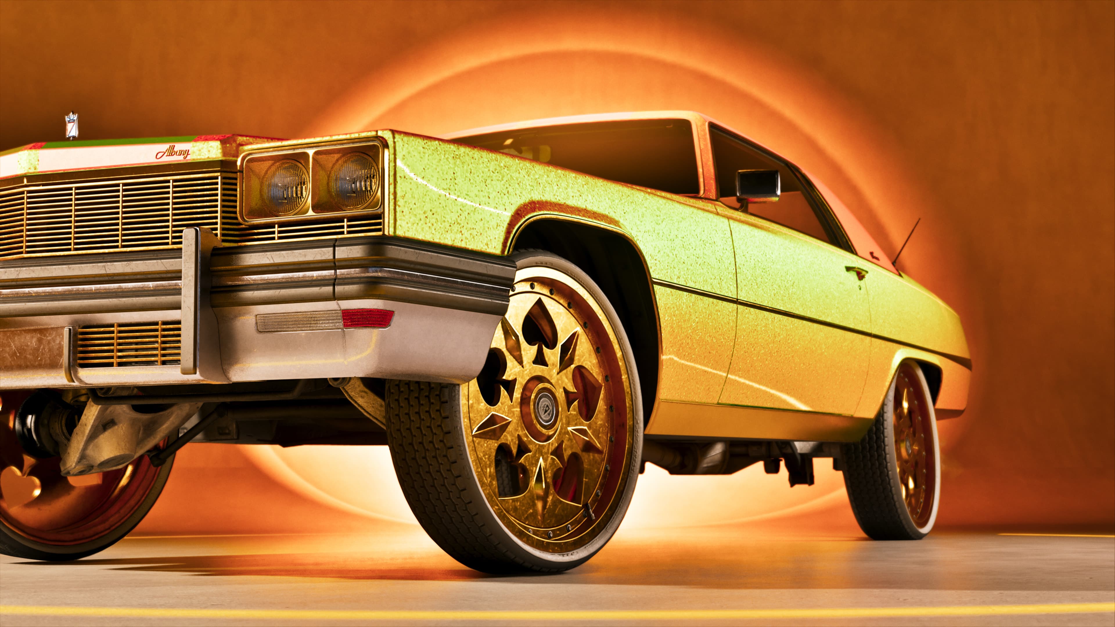 A gold and green lowrider on wire wheels, lifted on hydraulics against an orange backdrop
