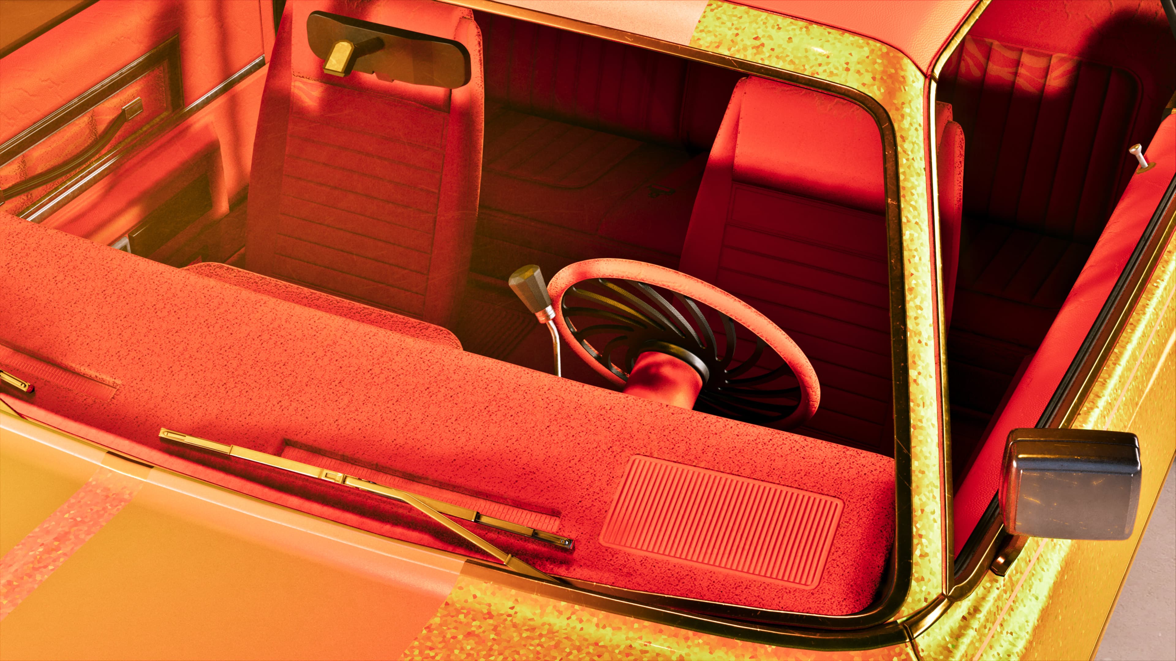 Red velour interior detail of a customised car, showing the rear bench and speaker grille
