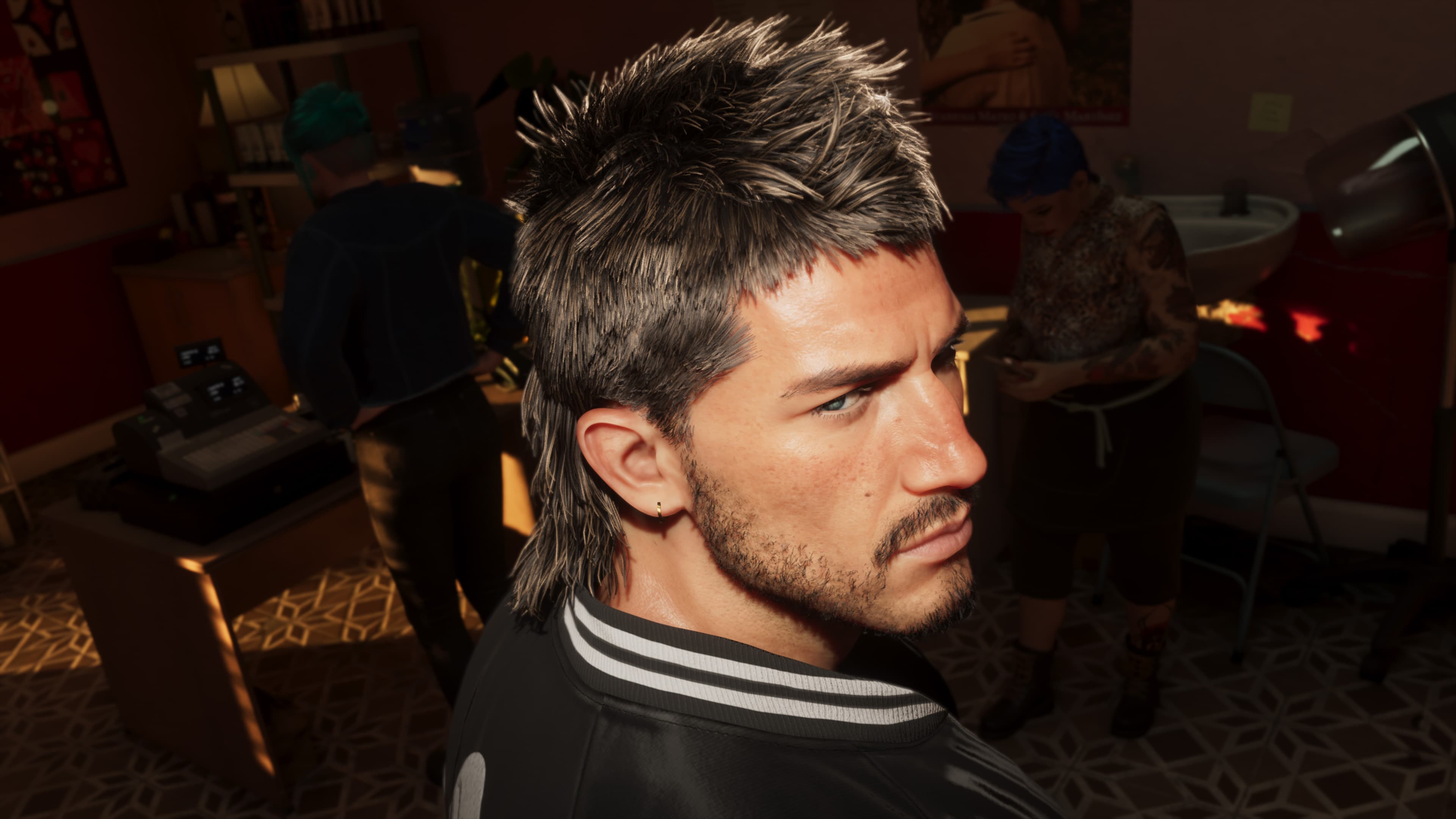 A man with a freshly cut mullet in the mirror of a busy salon