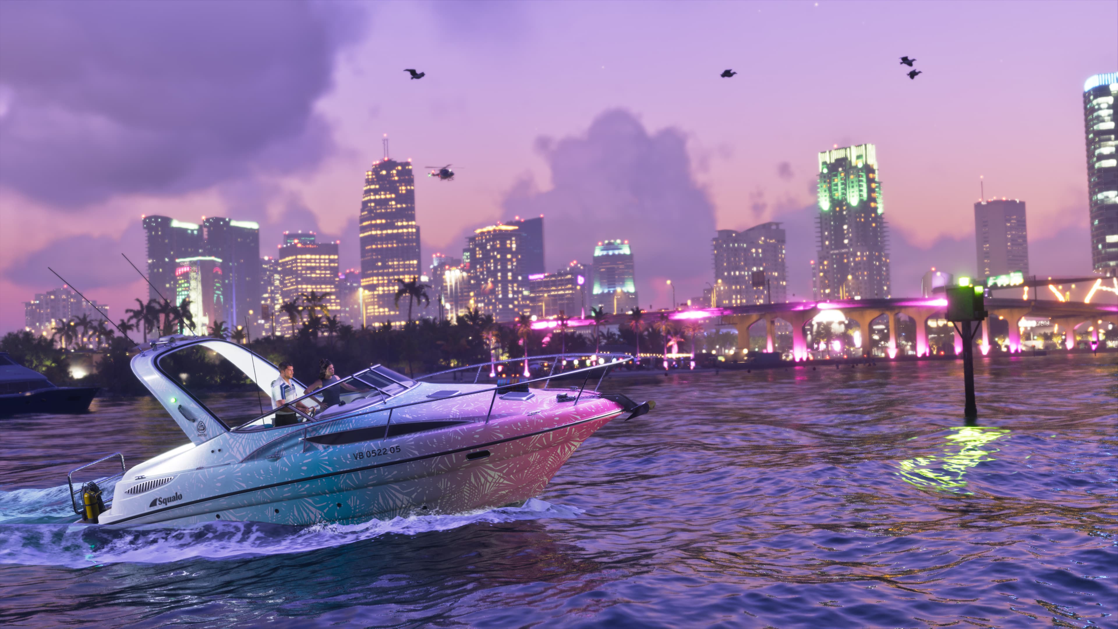 A white speedboat cutting across the bay at dusk with the lit Vice City skyline behind