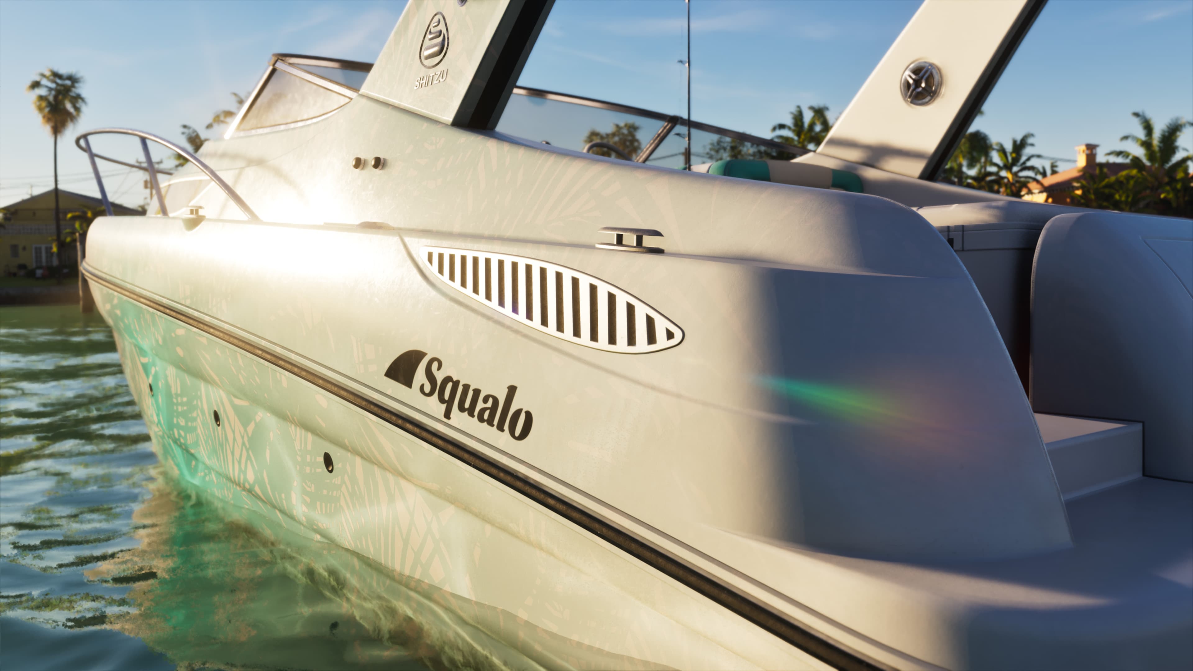 Close detail of the Squalo speedboat's hull and cockpit in daylight