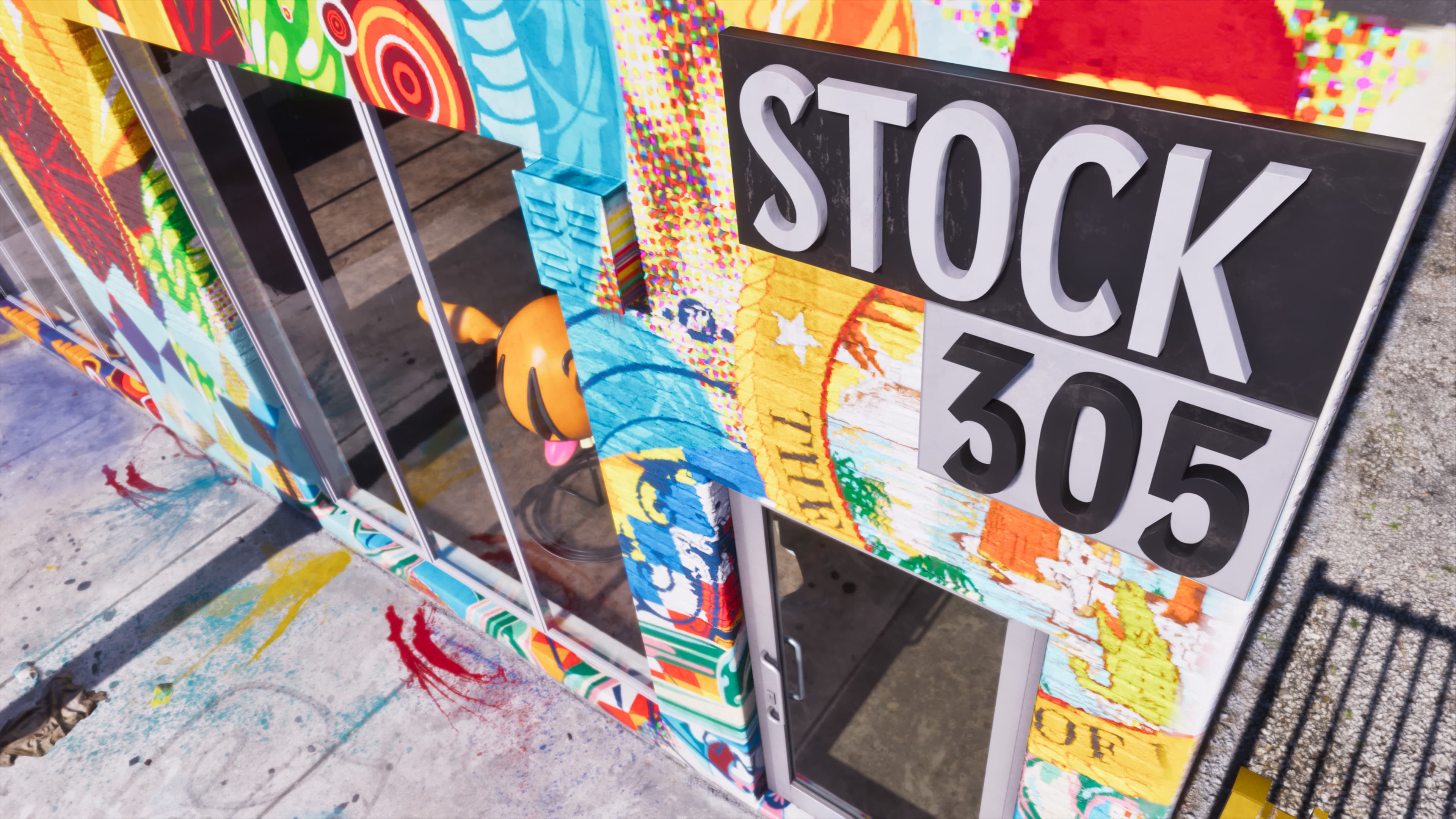 The Stock 305 shop sign above a mural-painted shutter