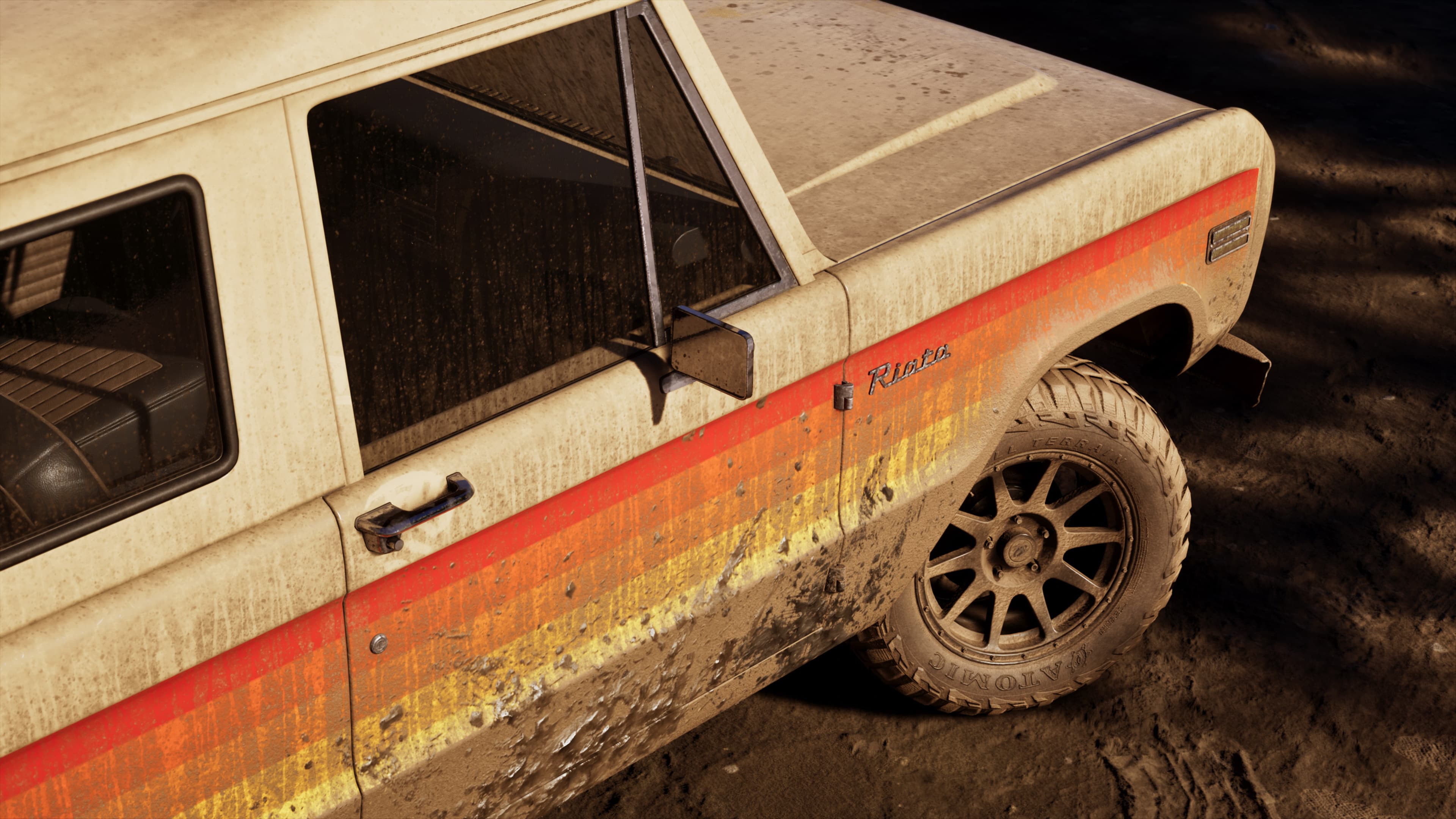A dusty cream pickup truck parked on sand