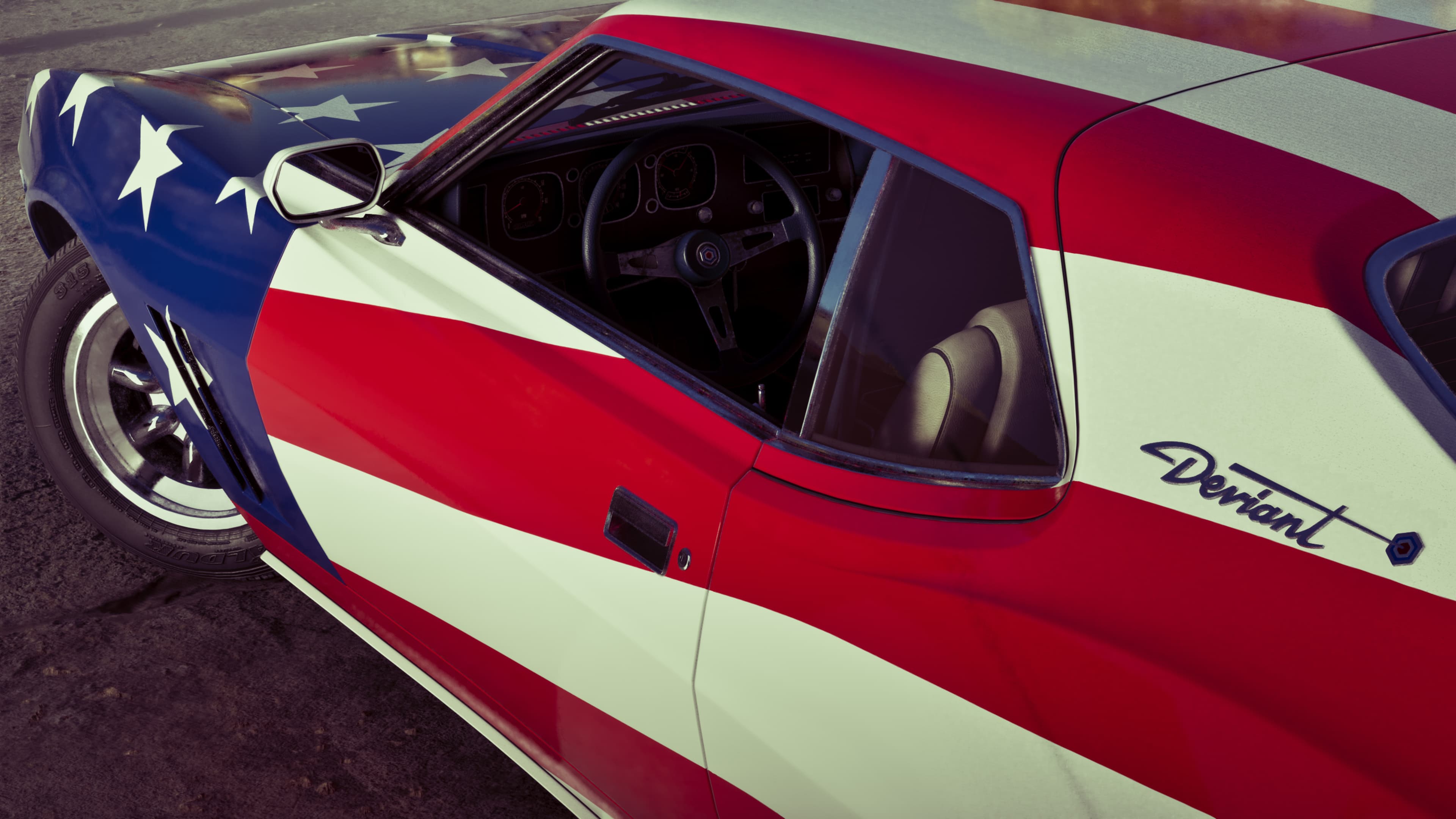 A coupe in stars-and-stripes livery, badged Deviant, seen from above