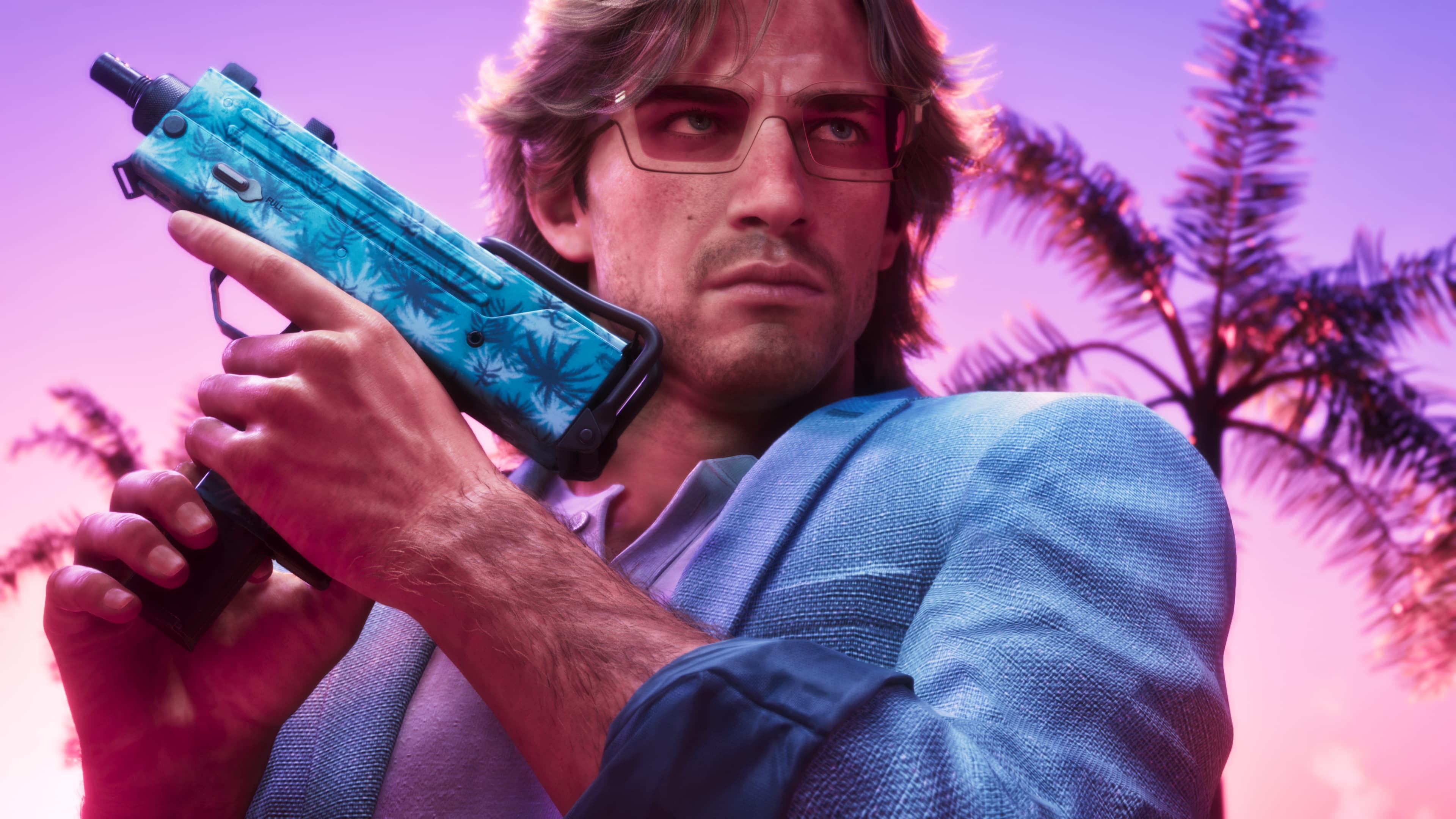 A man in a pale blue suit holding a patterned submachine gun against a palm backdrop