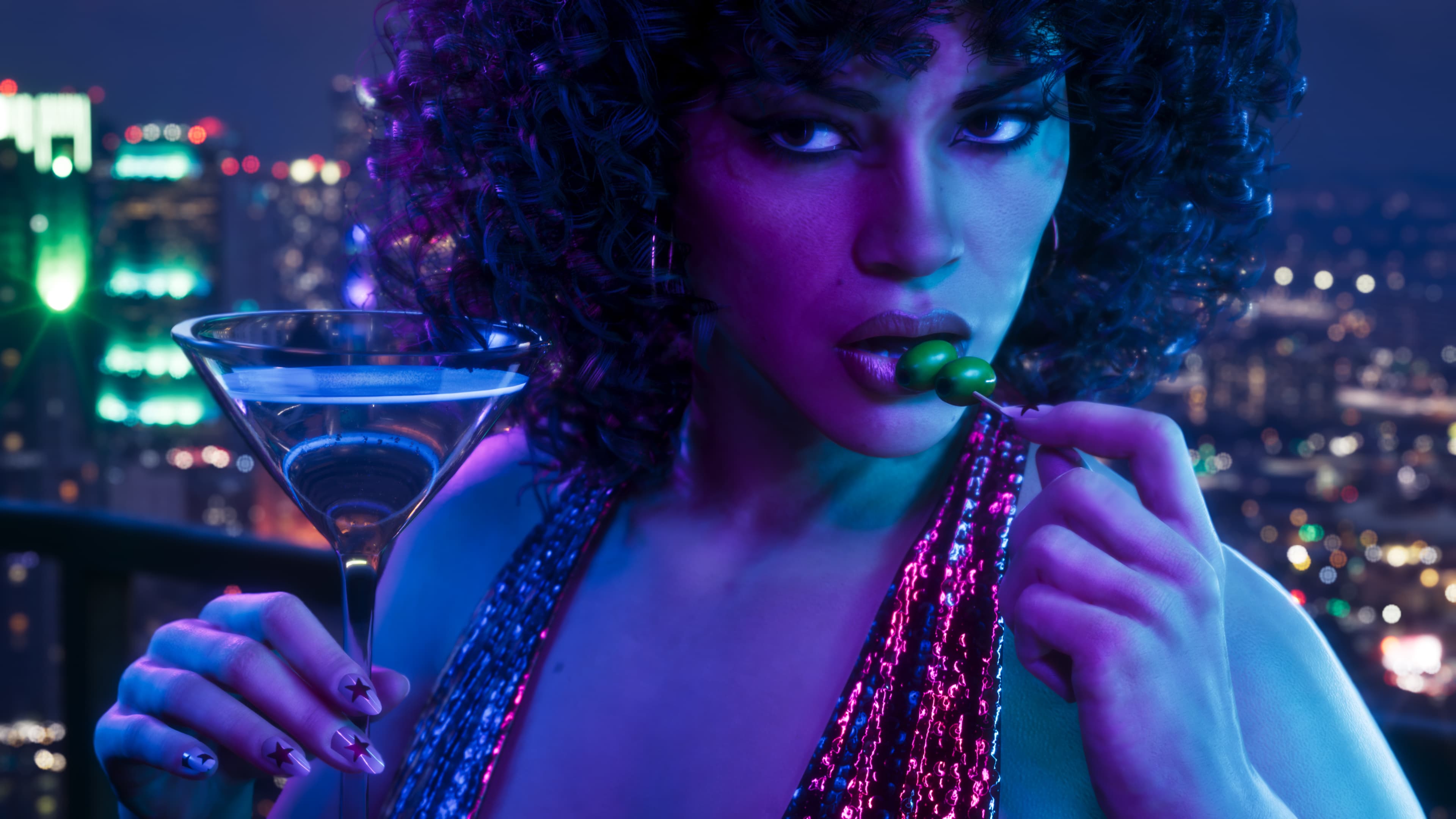 A woman in a sequinned dress with a martini glass on a balcony above the city