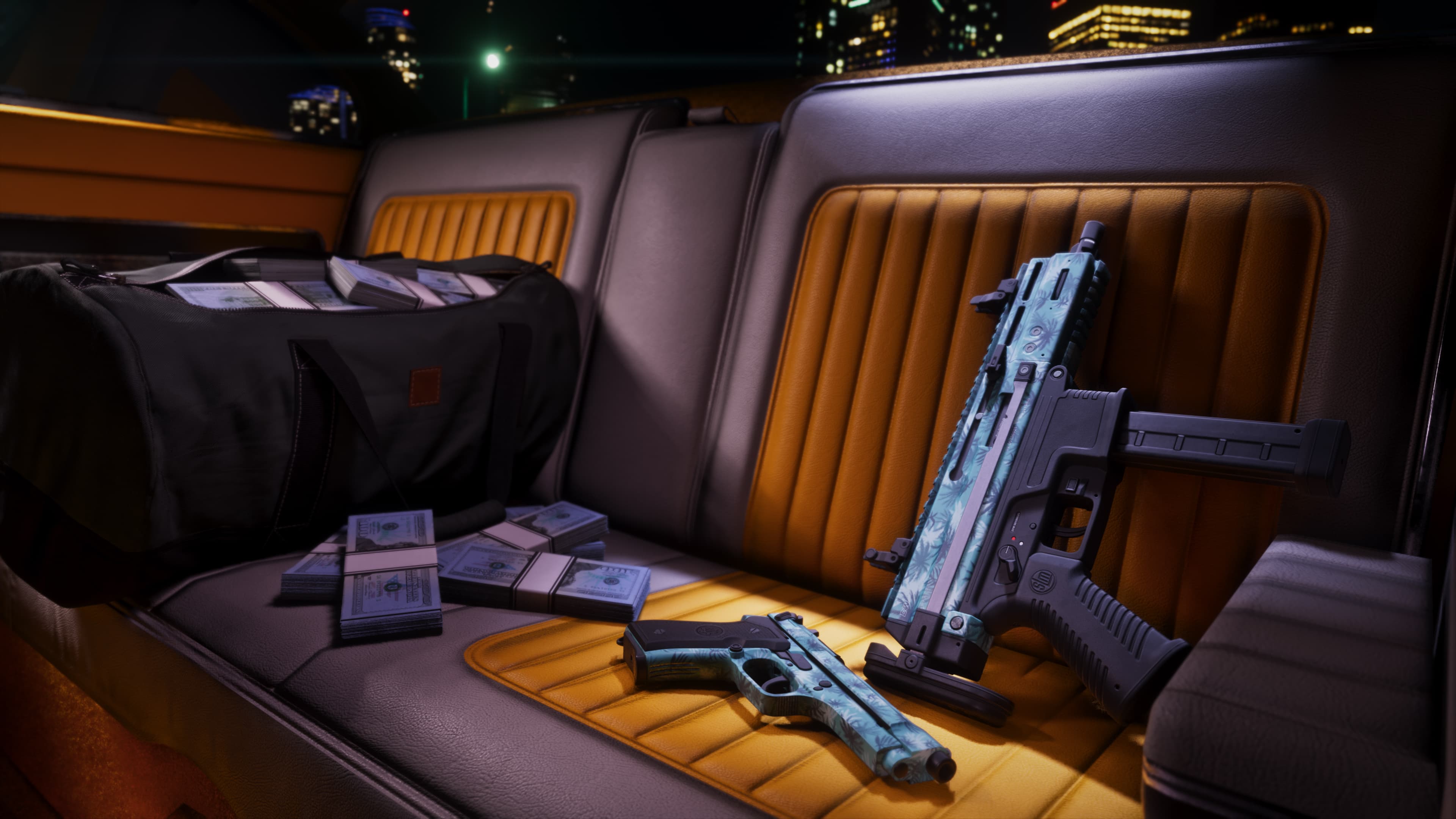 A patterned submachine gun and pistol laid across a car's leather back seat beside bundles of cash