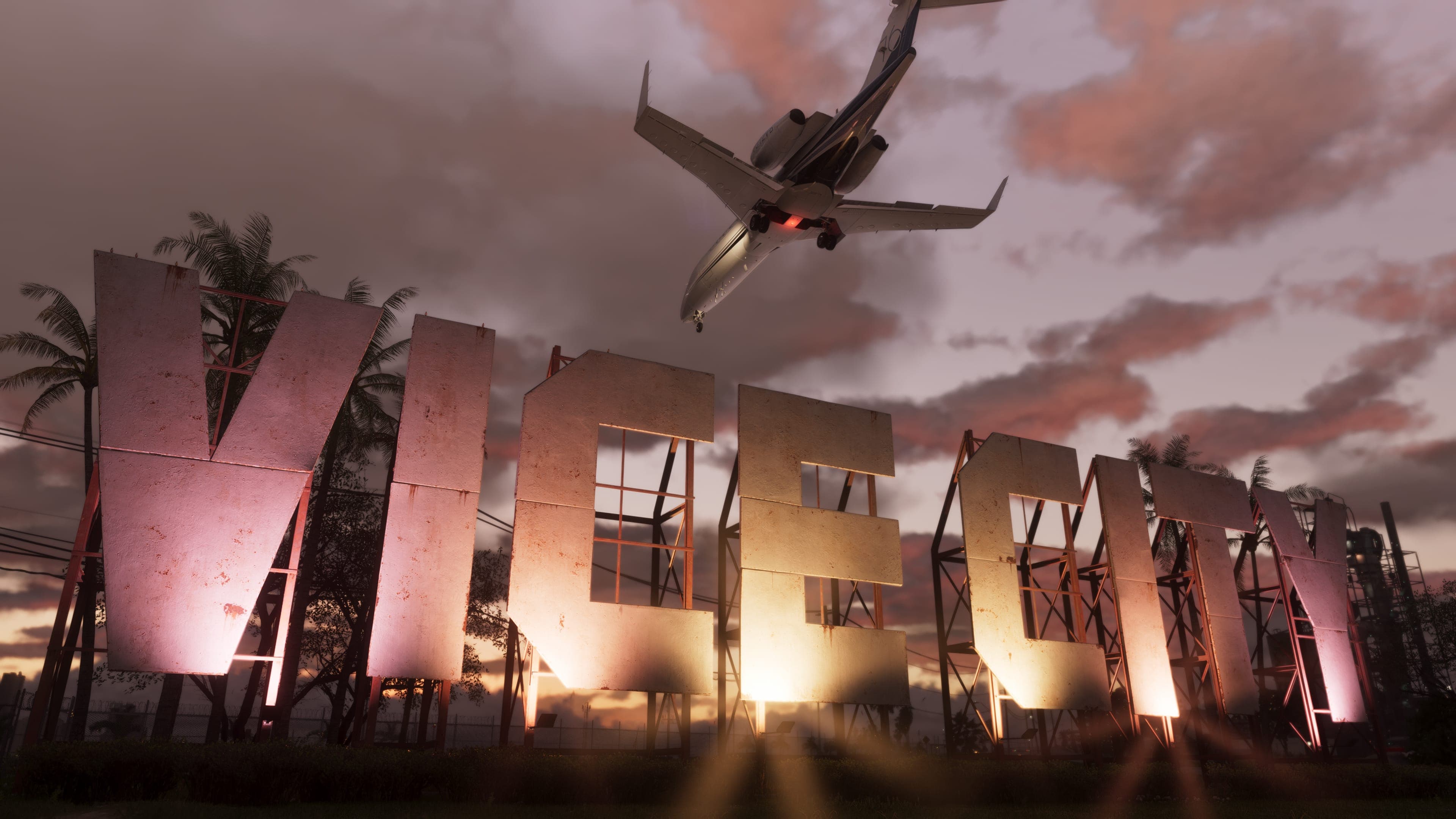 A light aircraft banking over enormous three-dimensional VICE lettering at sunset