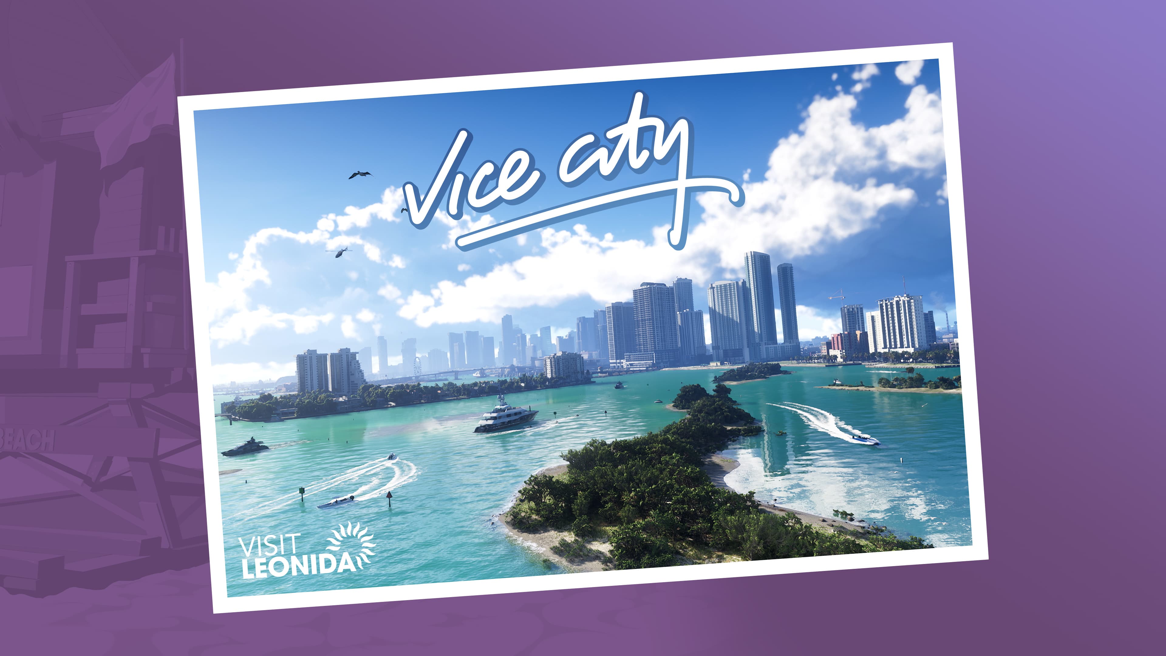 A 'Vice City - Visit Leonida' souvenir postcard showing the bay, the skyline and a jet ski