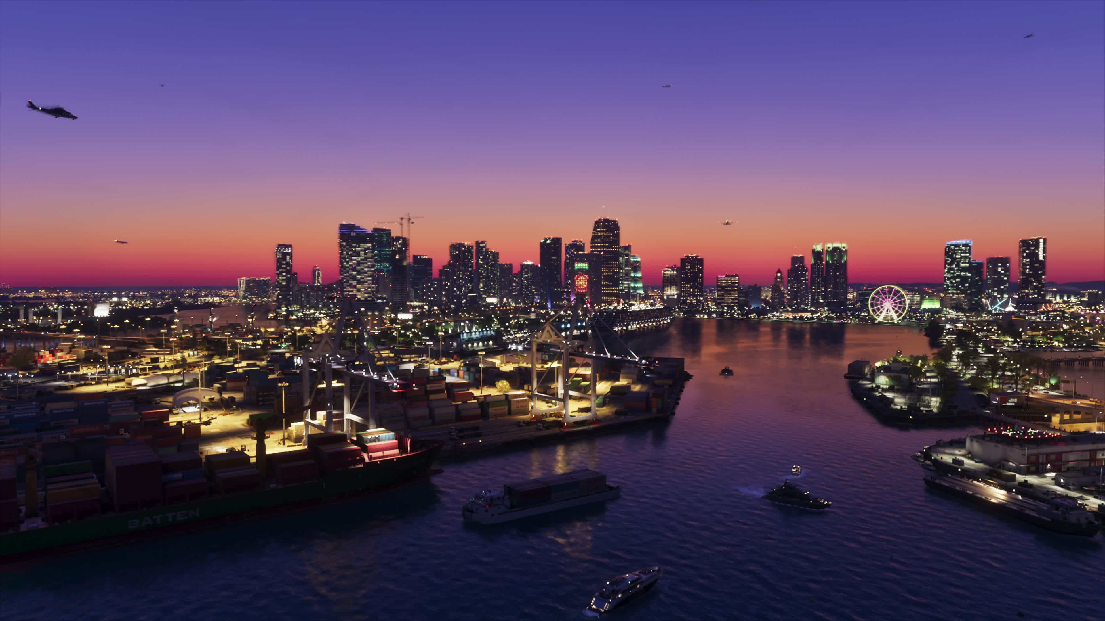 Aerial view across Vice City's bay at dusk, downtown towers lit and boats moored along the waterway