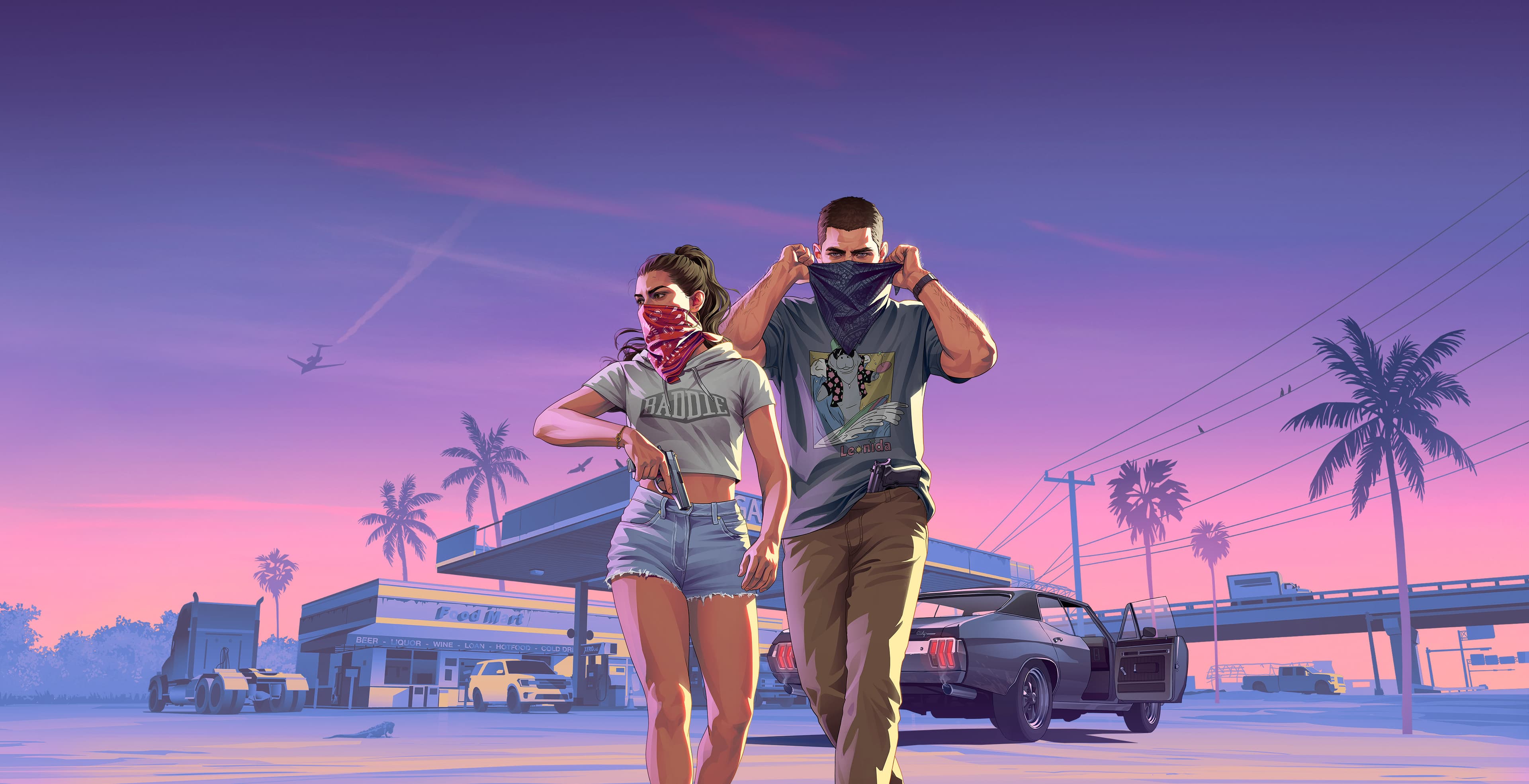 Illustrated key art of Lucia and Jason walking away from a gas station, masking up, under a pink and blue dusk sky