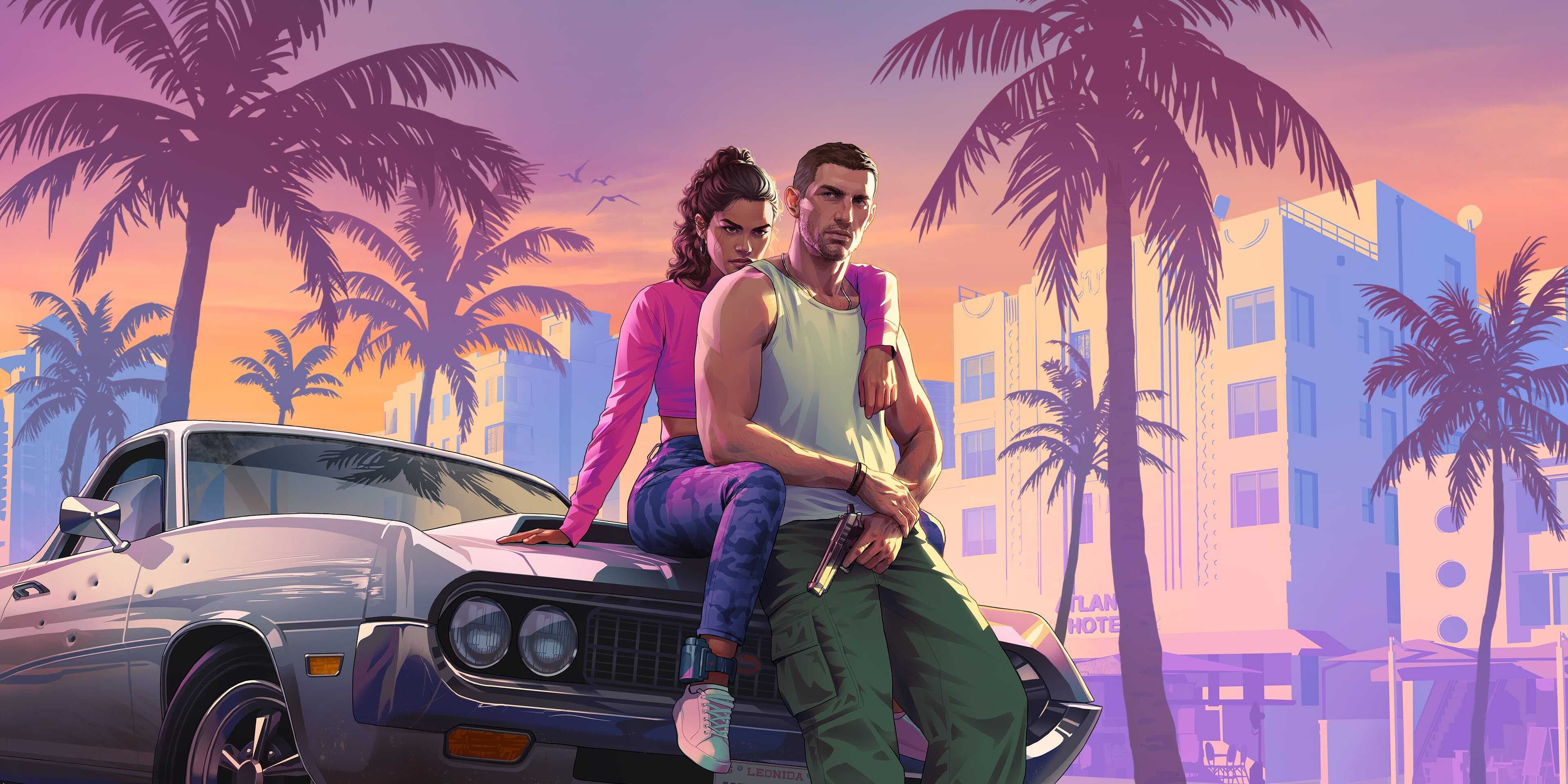 Illustrated key art of Lucia and Jason sitting on the bonnet of a muscle car against a Vice City sunset lined with palms