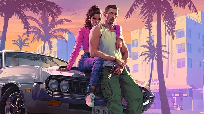 Trailer 1 artwork: Lucia and Jason on a car bonnet in front of a Vice City motel at sunset