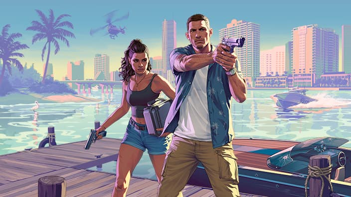 Trailer 2 artwork: Lucia and Jason walking along a jetty with pistols drawn, speedboats and the Vice City skyline behind them