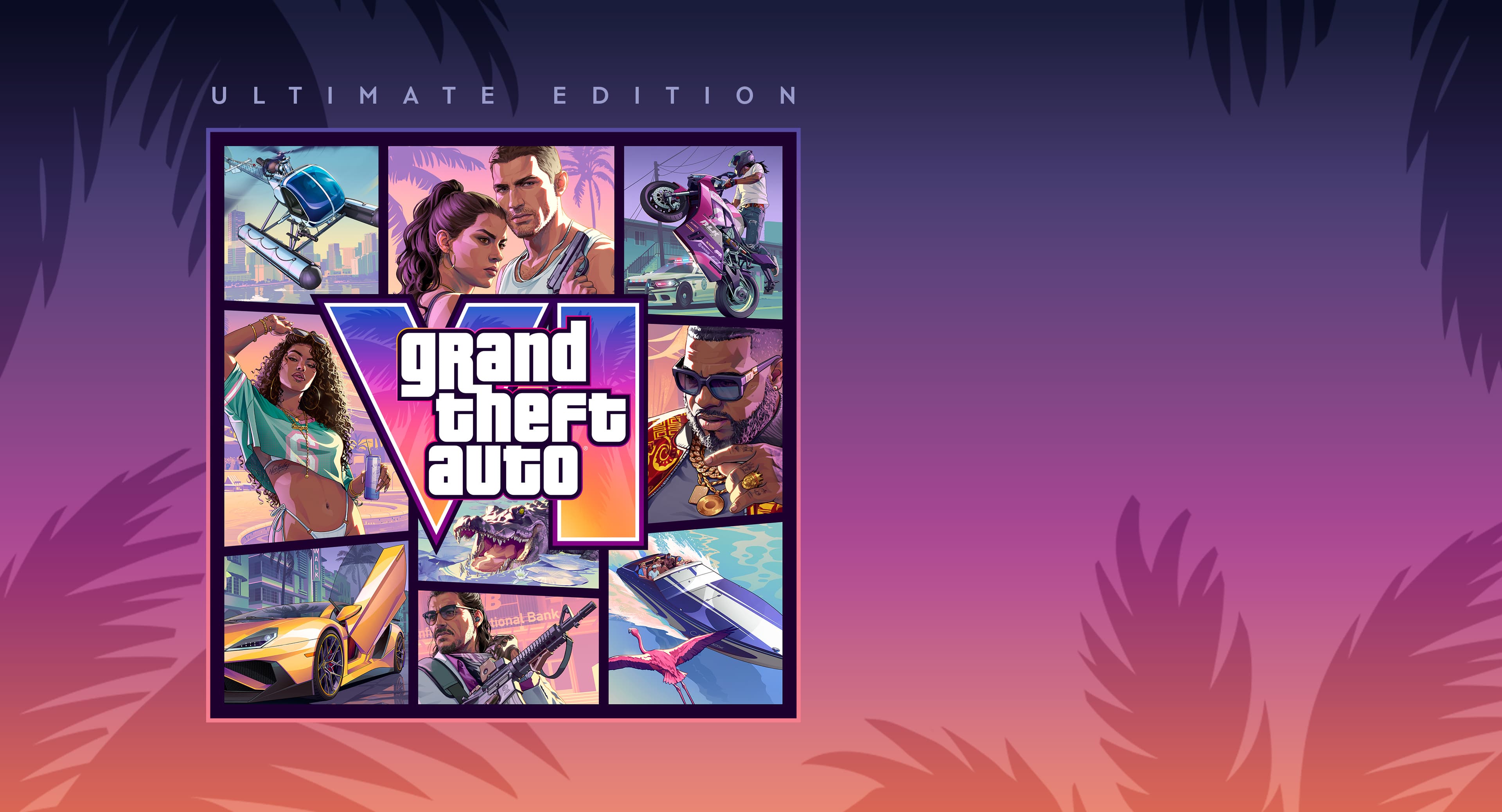 Grand Theft Auto VI Ultimate Edition pack shot on a purple palm-lined background
